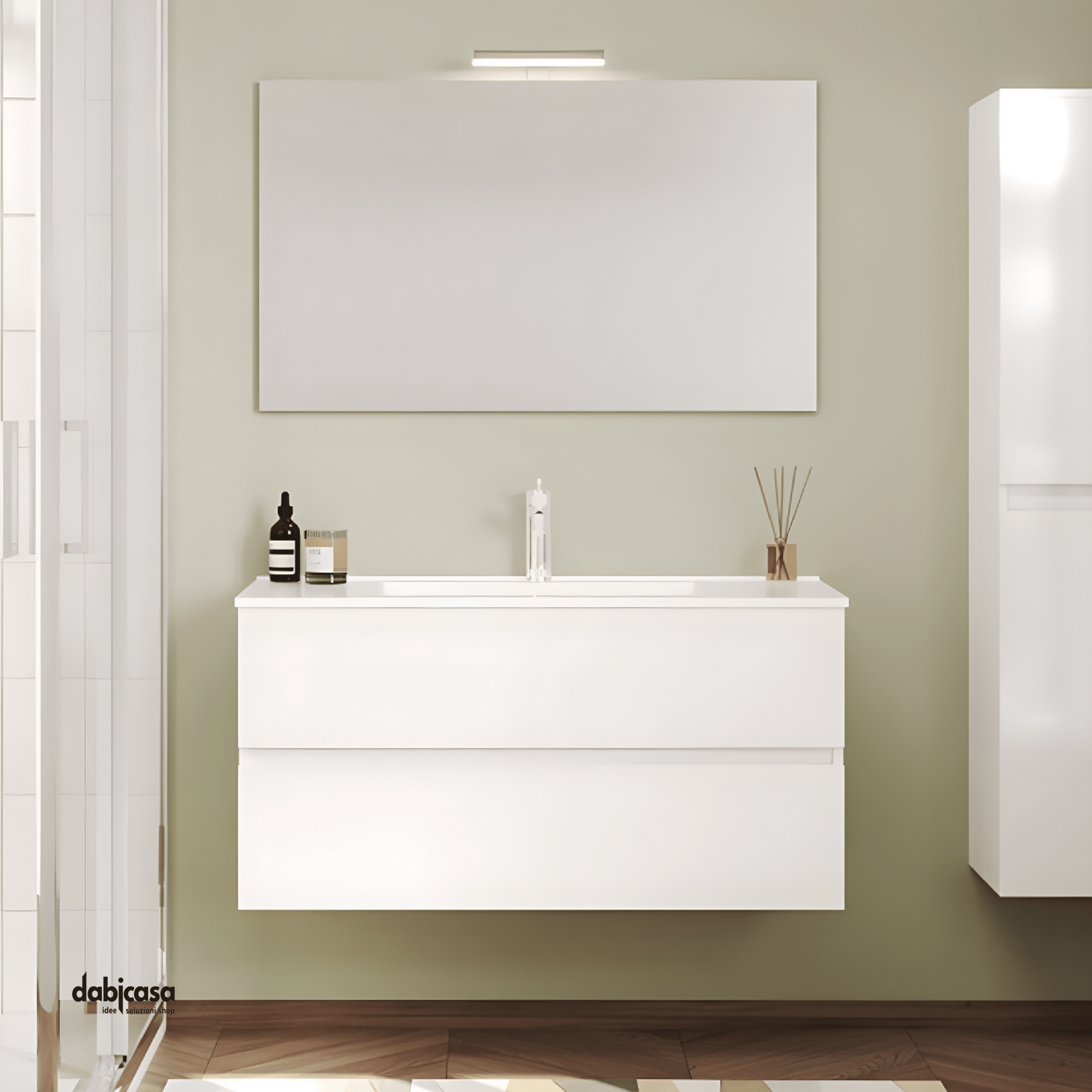 Mobile Bagno Sospeso "Easy" Da 100 Cm Composto Da Due Cassetti Lavabo E Specchio Con Lampada Led Finitura Bianco Lucido - Dabicasa