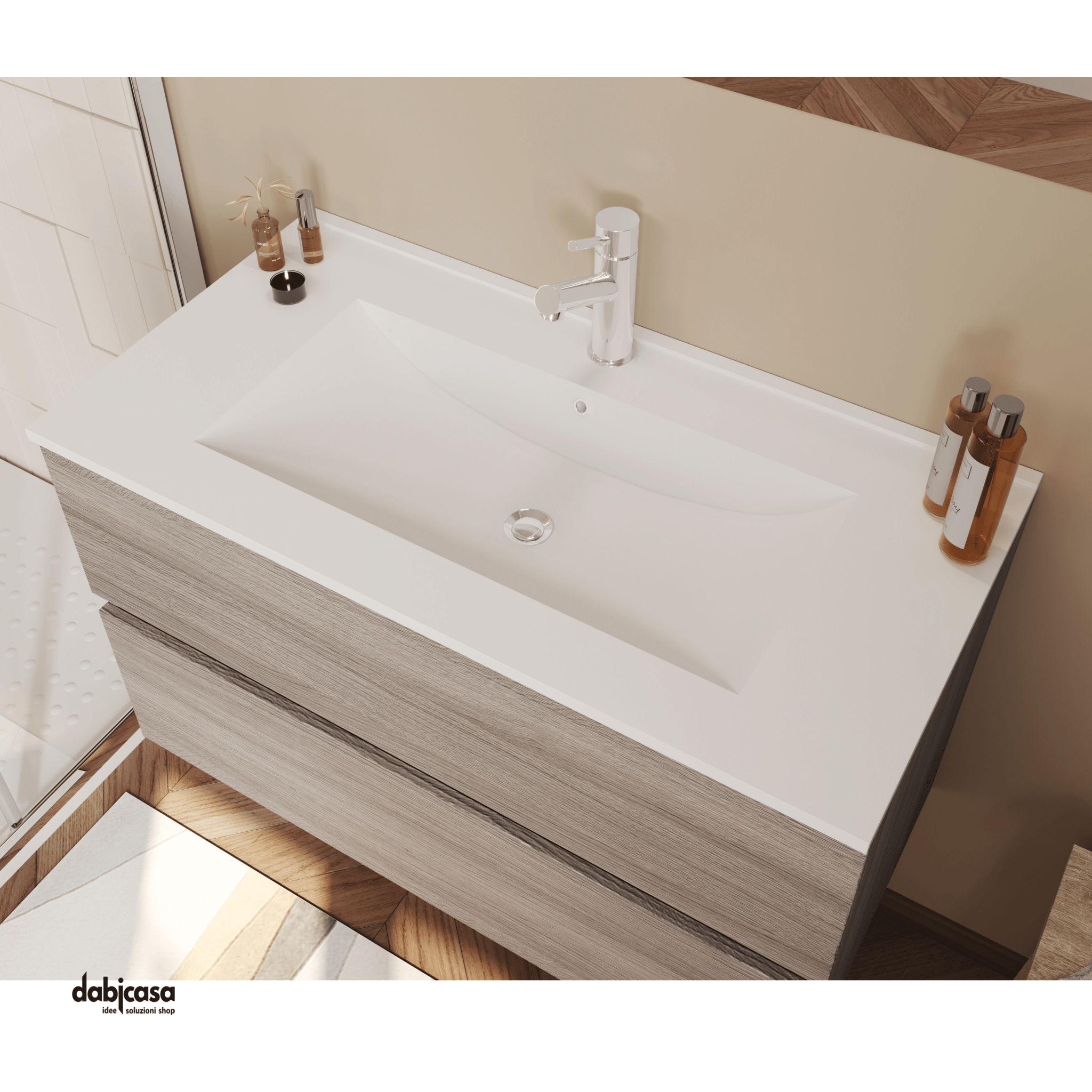 Mobile Bagno Sospeso "Easy" Da 100 Cm Composto Da Due Cassetti Lavabo E Specchio Con Lampada Led Finitura Rovere Fumo - Dabicasa