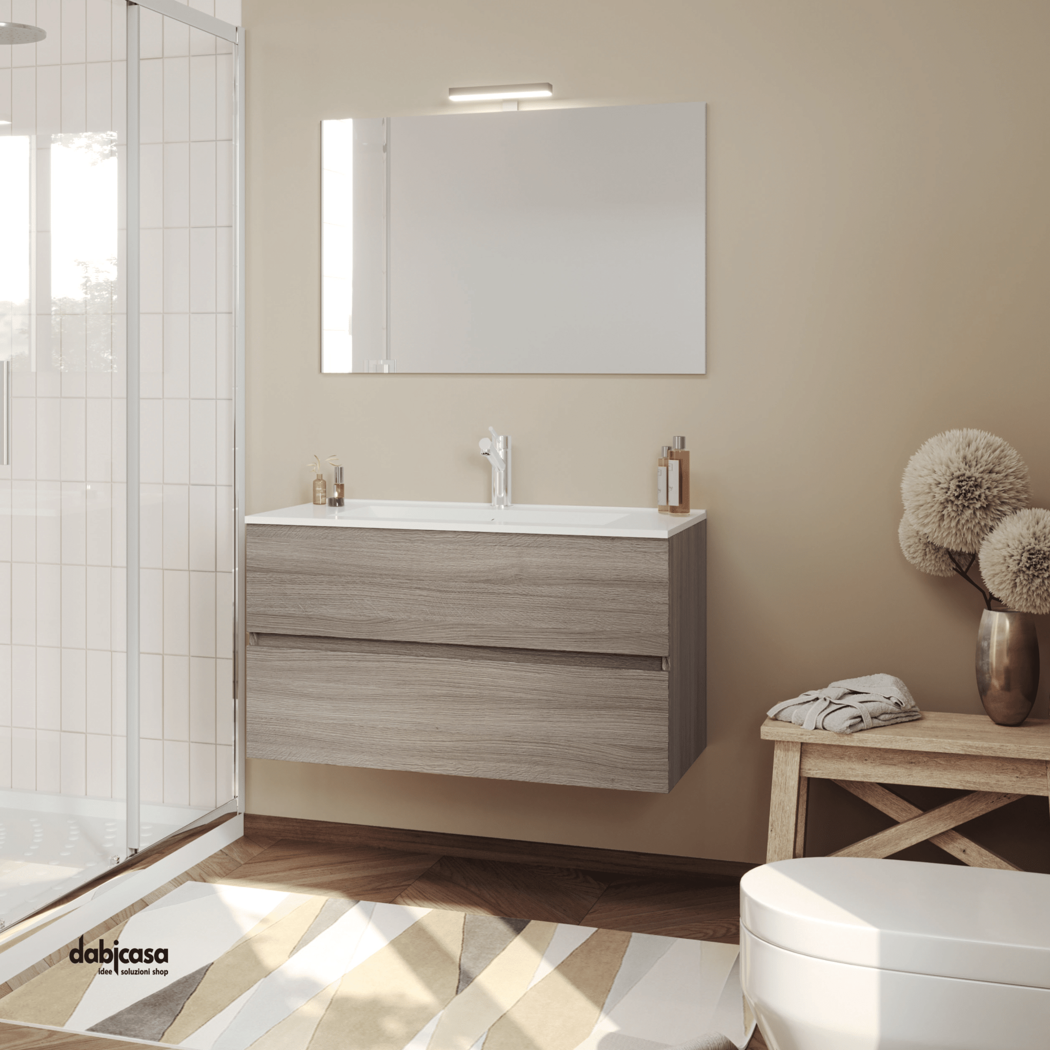 Mobile Bagno Sospeso "Easy" Da 100 Cm Composto Da Due Cassetti Lavabo E Specchio Con Lampada Led Finitura Rovere Fumo - Dabicasa