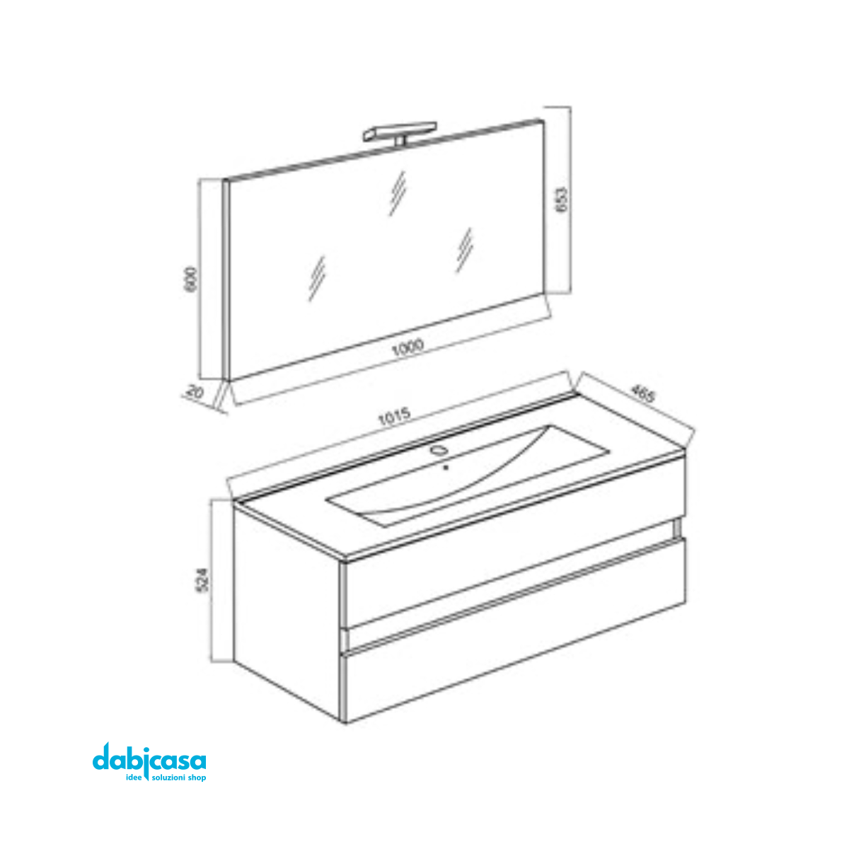 Mobile Bagno Sospeso "Easy" Da 100 Cm Composto Da Due Cassetti Lavabo E Specchio Con Lampada Led Finitura Rovere Grigio - Dabicasa