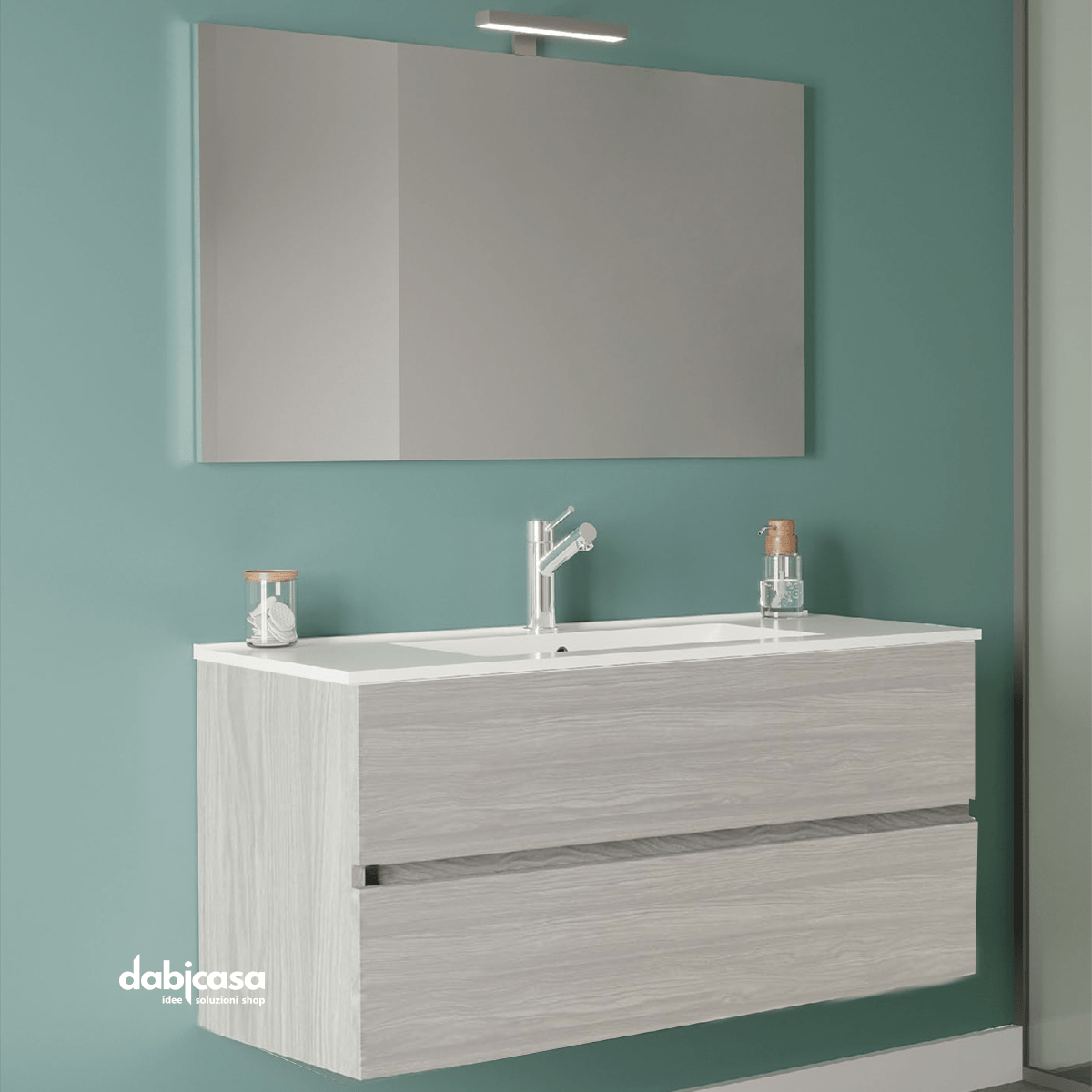 Mobile Bagno Sospeso "Easy" Da 100 Cm Composto Da Due Cassetti Lavabo E Specchio Con Lampada Led Finitura Rovere Grigio - Dabicasa