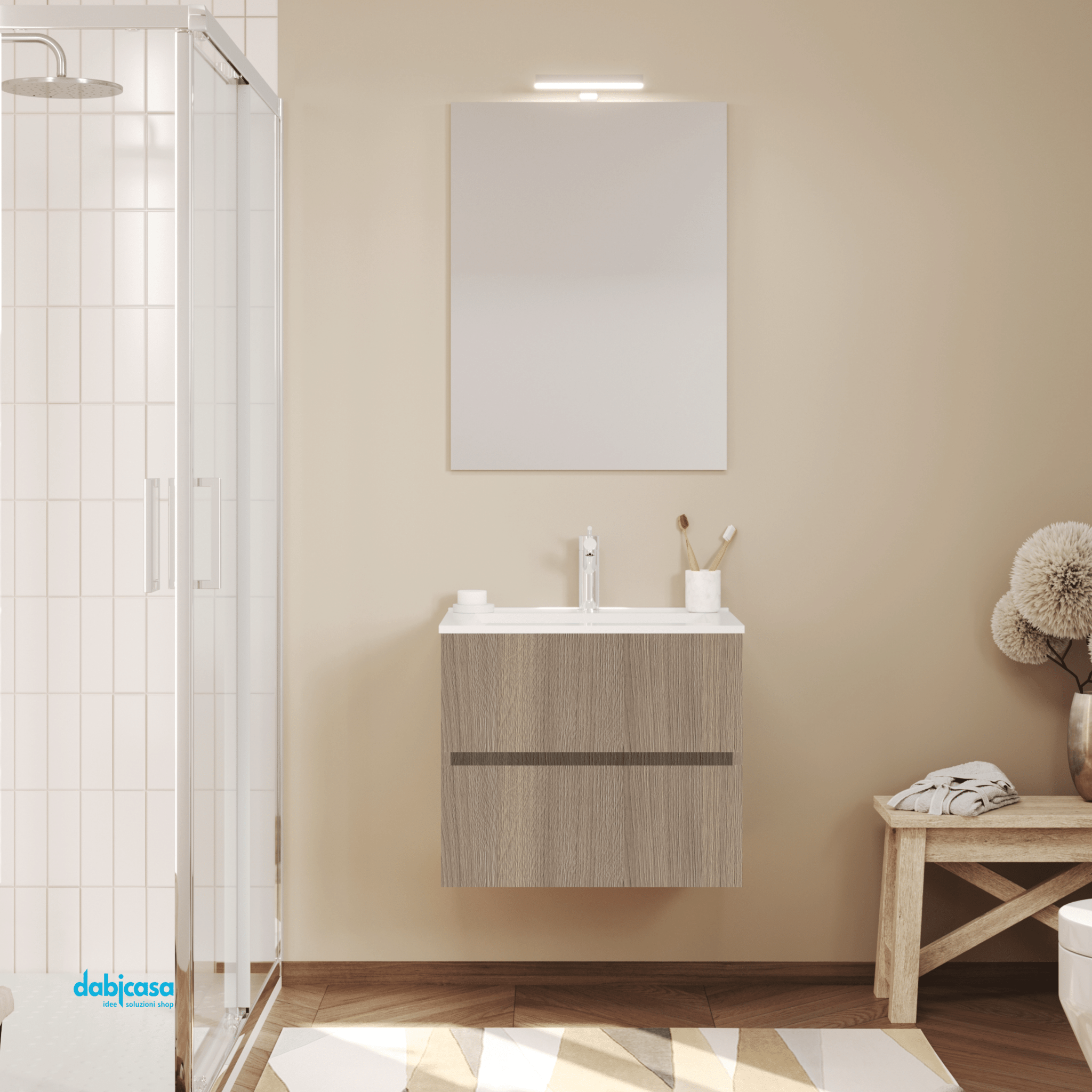 Mobile Bagno Sospeso "Easy" Da 60 Cm Composto Da Due Cassetti Lavabo E Specchio Con Lampada Led Finitura Rovere Fumo - Dabicasa