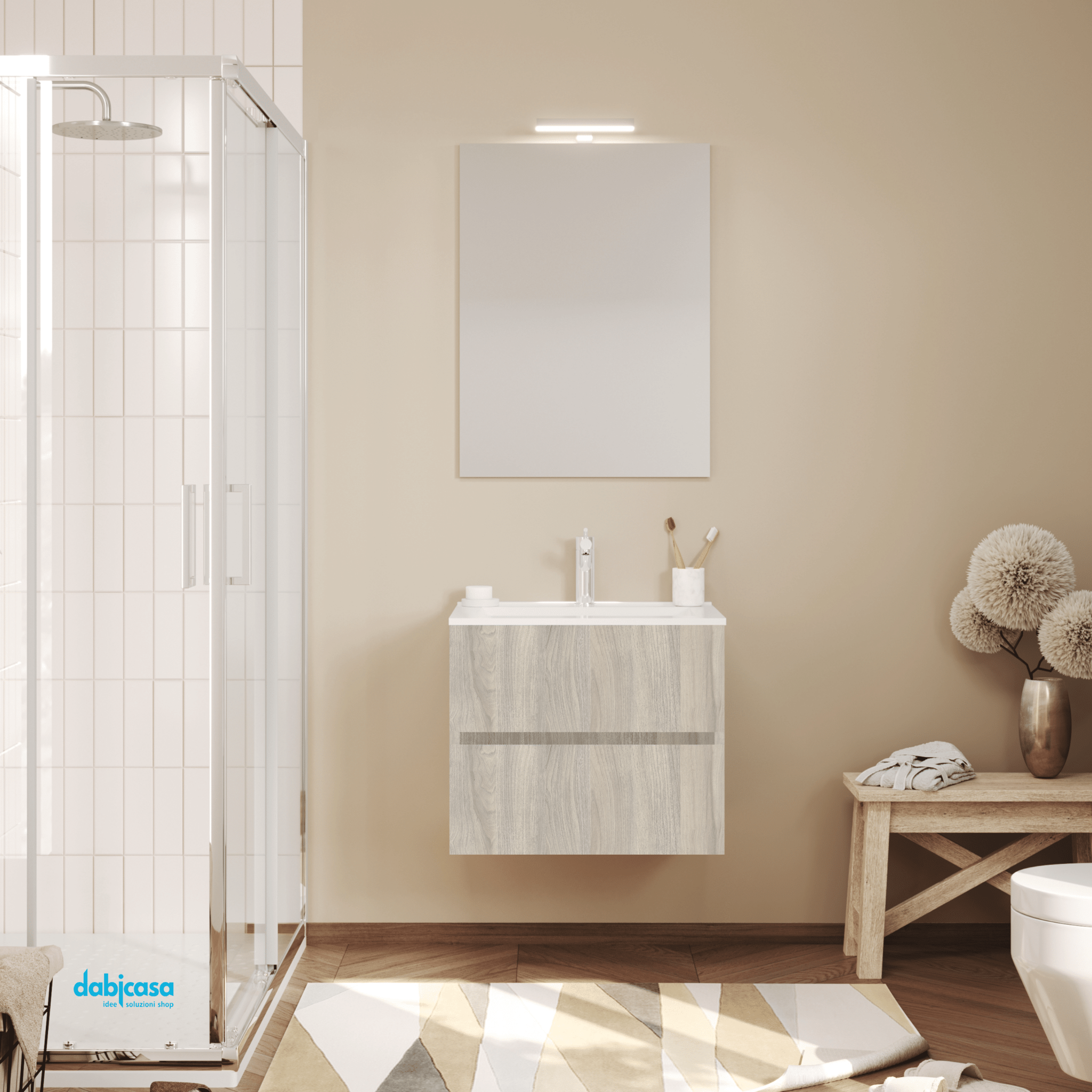 Mobile Bagno Sospeso "Easy" Da 60 Cm Composto Da Due Cassetti Lavabo E Specchio Con Lampada Led Finitura Rovere Grigio - Dabicasa