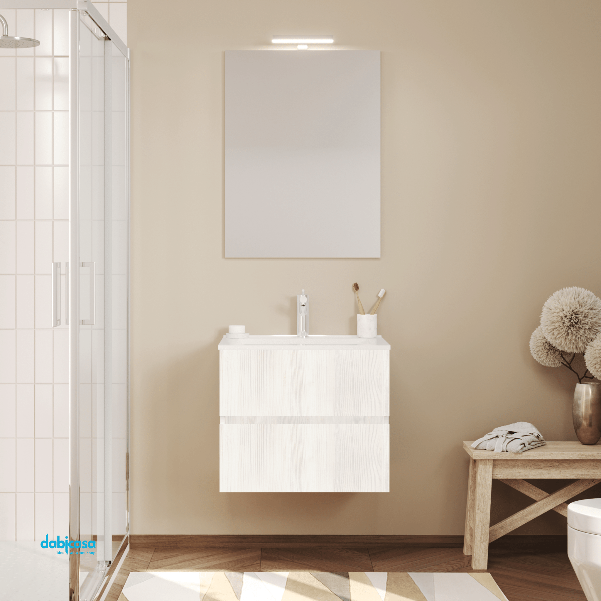 Mobile Bagno Sospeso "Easy" Da 60 Cm Composto Da Due Cassetti Lavabo E Specchio Con Lampada Led Rovere Bianco - Dabicasa