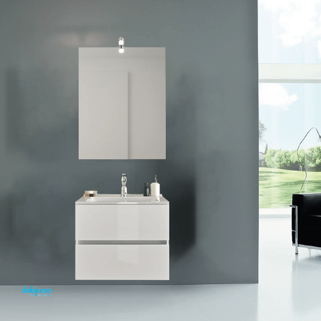 Mobile Bagno Sospeso "Easy" Da 60 Cm Composto Da Due Cassetti Lavabo E Specchio Lampada Led Finitura Bianco Lucido - Dabicasa