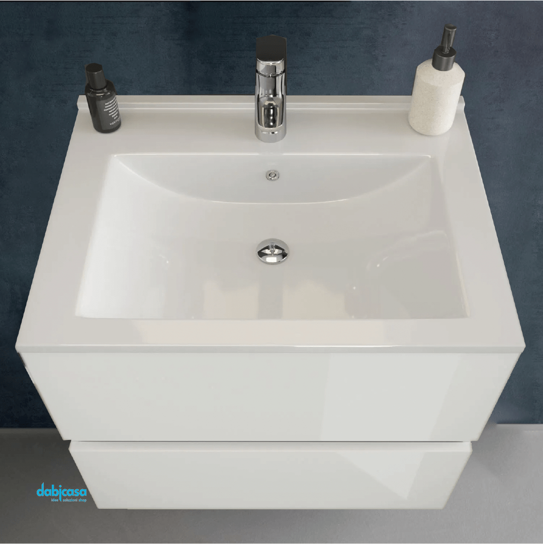 Mobile Bagno Sospeso "Easy" Da 60 Cm Composto Da Due Cassetti Lavabo E Specchio Lampada Led Finitura Bianco Lucido - Dabicasa