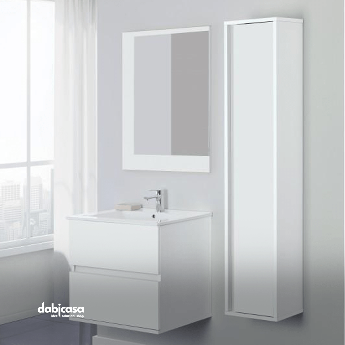 Mobile Bagno Sospeso "Fabula" Da 60 Cm Composto Da Due Cassetti Lavabo E Specchio Finitura Bianco Lucido/Bianco Laccato - Dabicasa