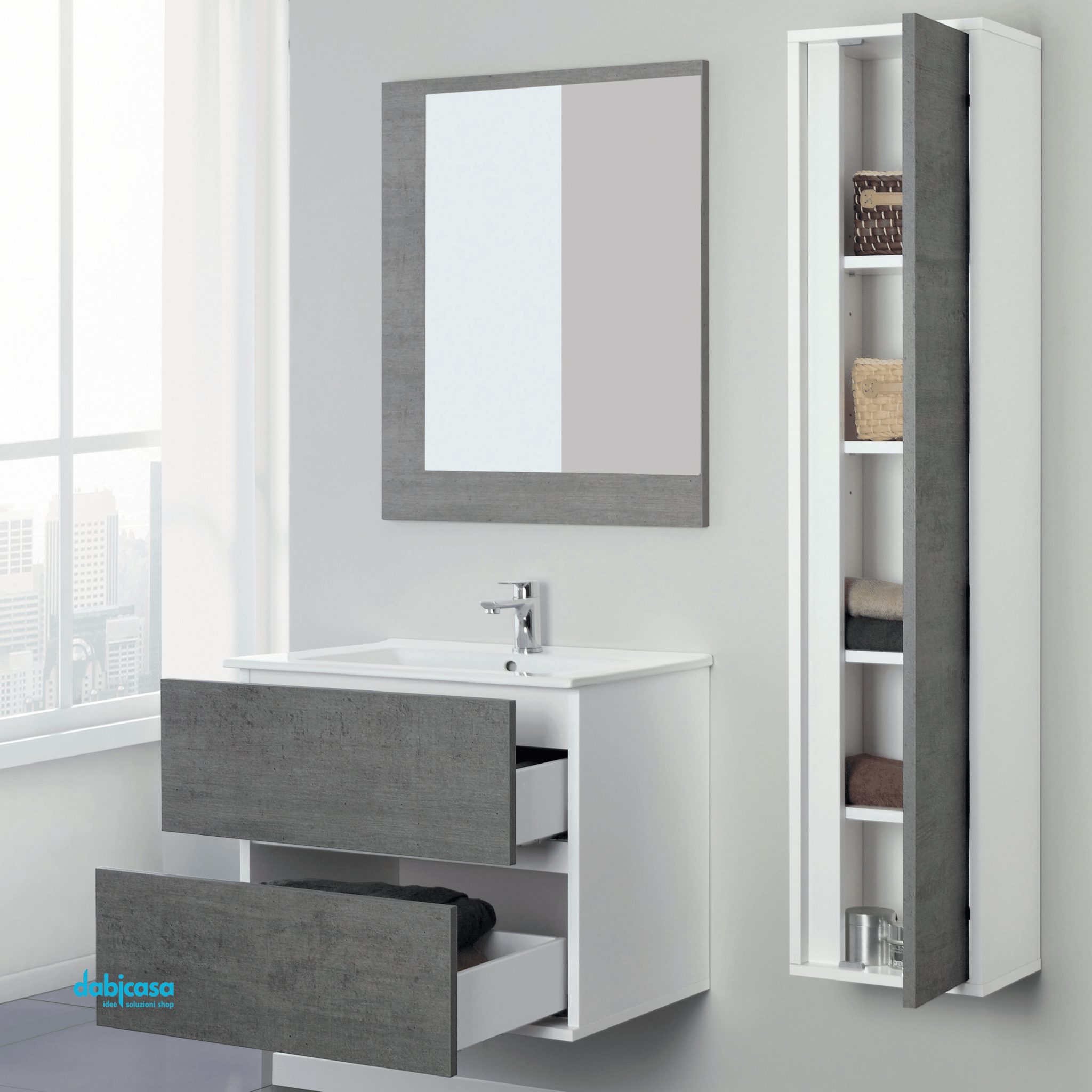 Mobile Bagno Sospeso "Fabula" Da 60 Cm Composto Da Due Cassetti Lavabo E Specchio Finitura Grigio/Cemento - Dabicasa