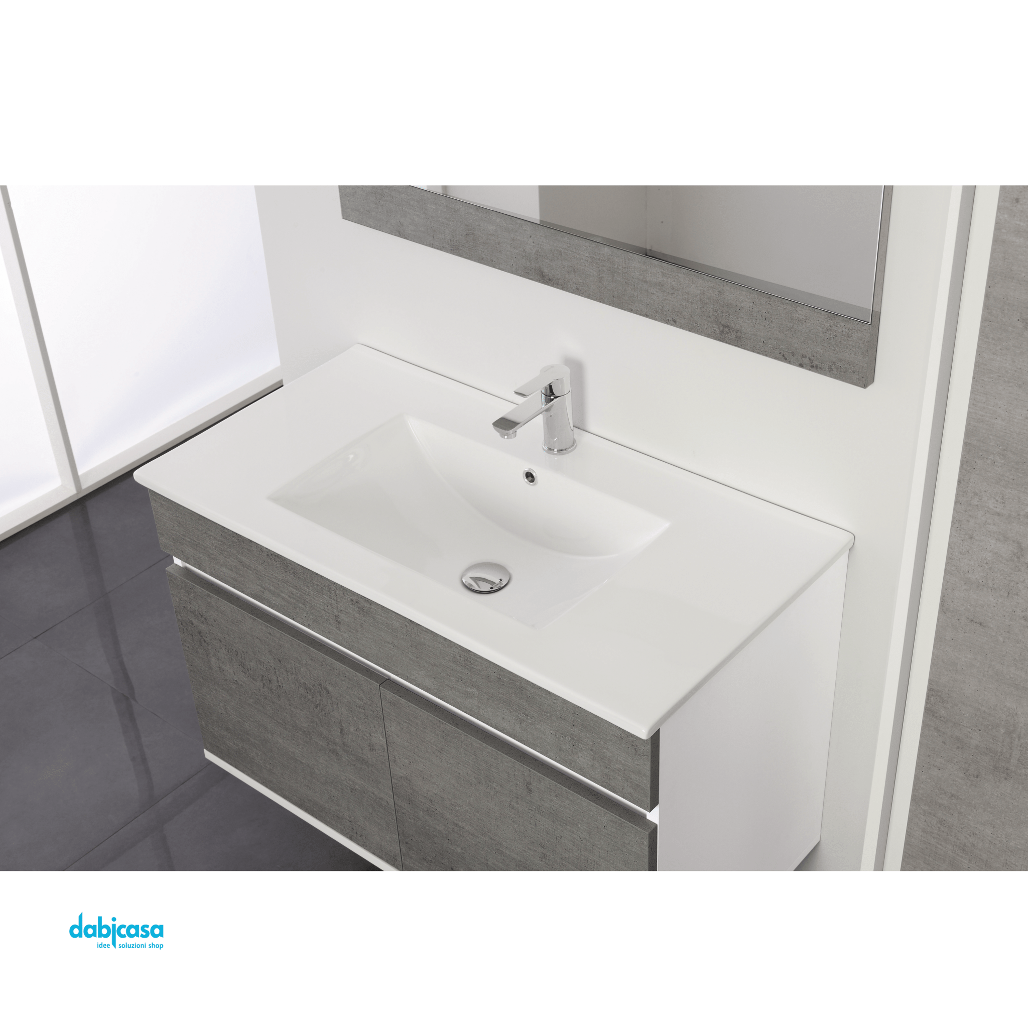 Mobile Bagno Sospeso "Fabula" Da 90 Cm Composto Da Due Ante Lavabo E Specchio Finitura Cemento/Bianco - Dabicasa