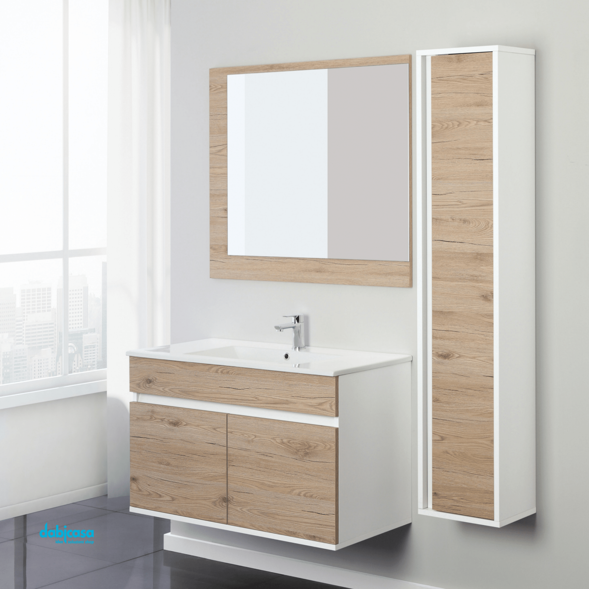 Mobile Bagno Sospeso "Fabula" Da 90 Cm Composto Da Due Ante Lavabo E Specchio Finitura Rovere Di Bordeaux/Bianco - Dabicasa