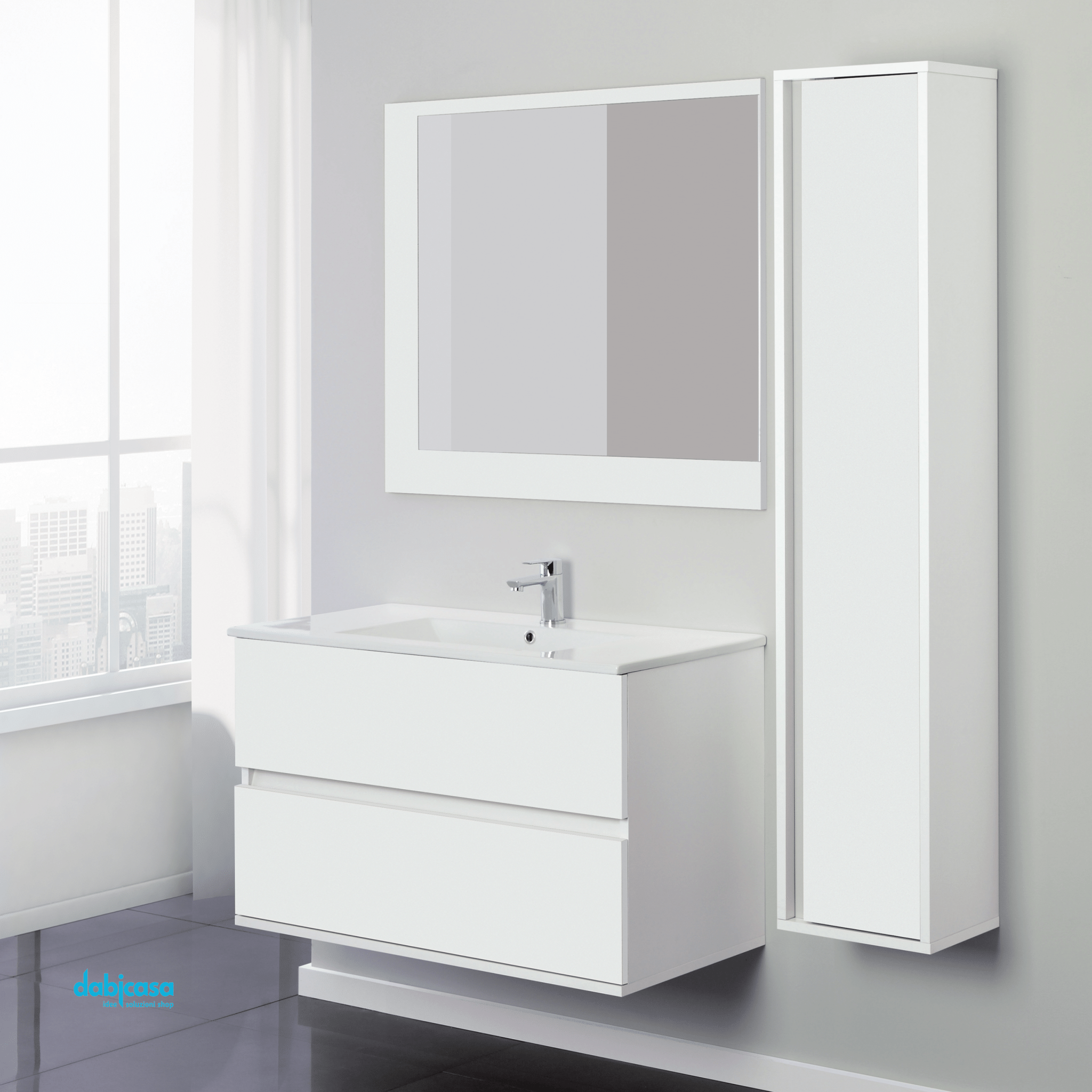 Mobile Bagno Sospeso "Fabula" Da 90 Cm Composto Da Due Cassetti Lavabo E Specchio Finitura Bianco Opaco/Bianco Lucido - Dabicasa