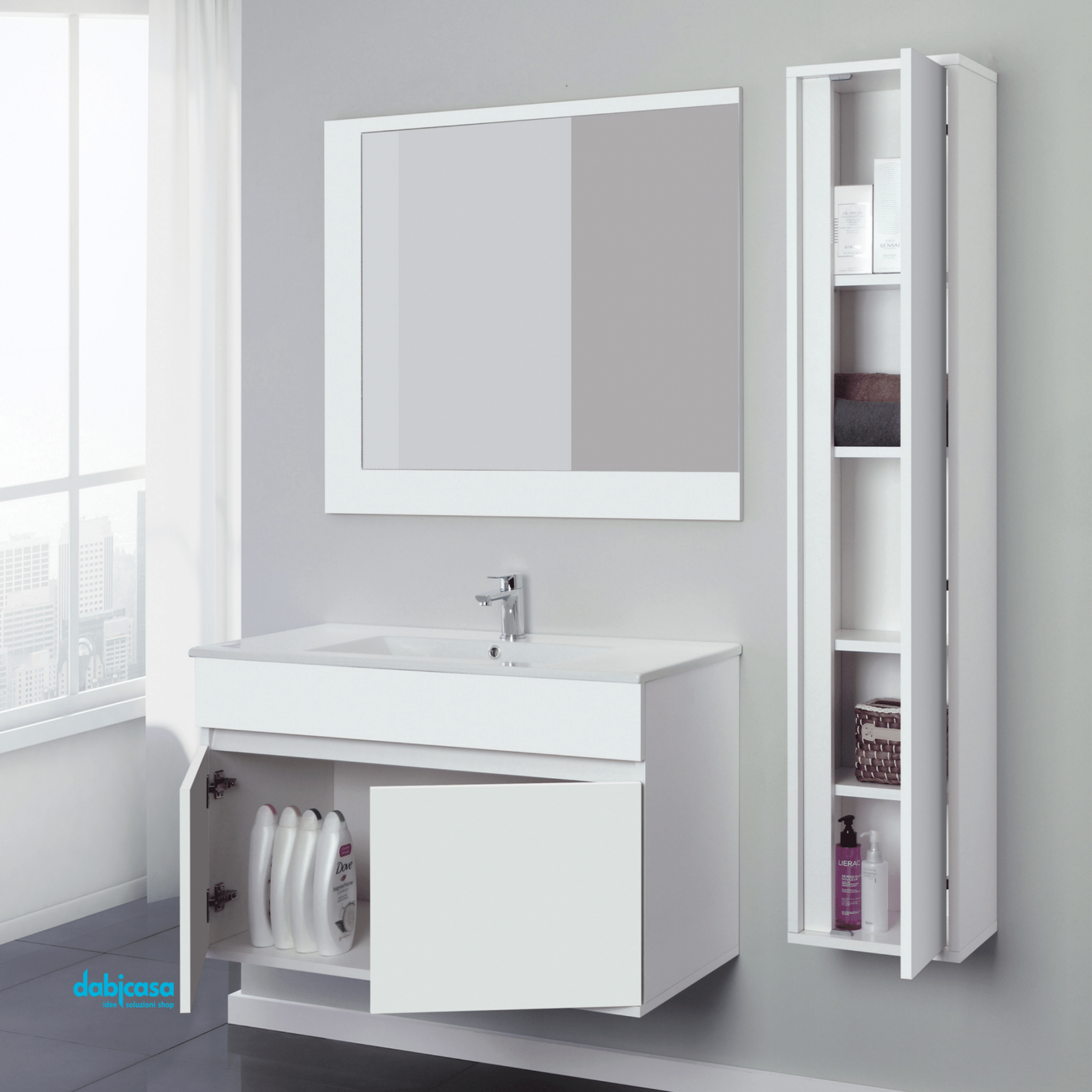 Mobile Bagno Sospeso "Fabula" Da 90 Cm Composto Da Due Un Cassetto Lavabo E Specchio Finitura Bianco Opaco/Bianco Laccato - Dabicasa