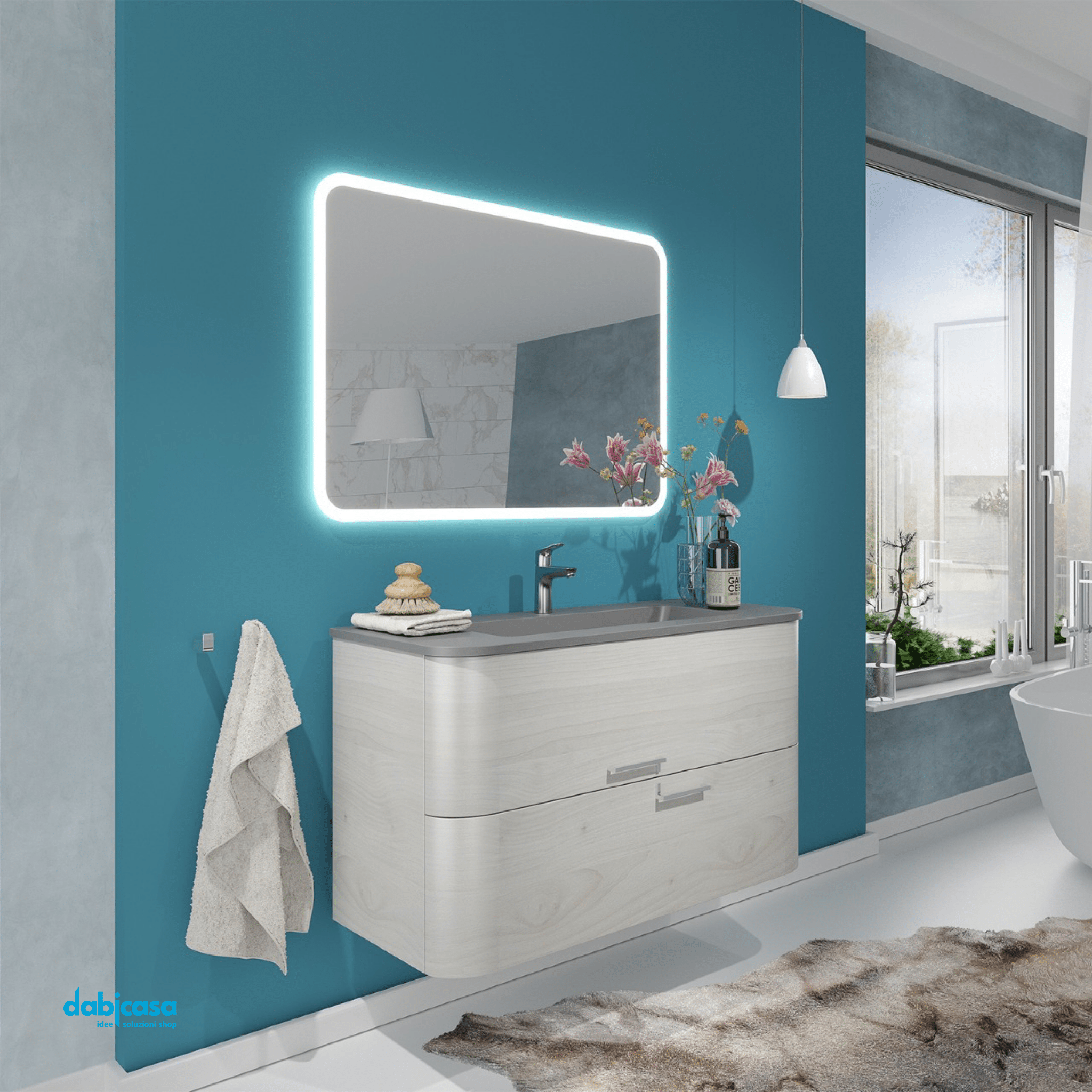 Mobile Bagno Sospeso "Geos" Da 100 Cm Composto Da Due Cassetti Lavabo E Specchio Finitura Legno Nordico - Dabicasa