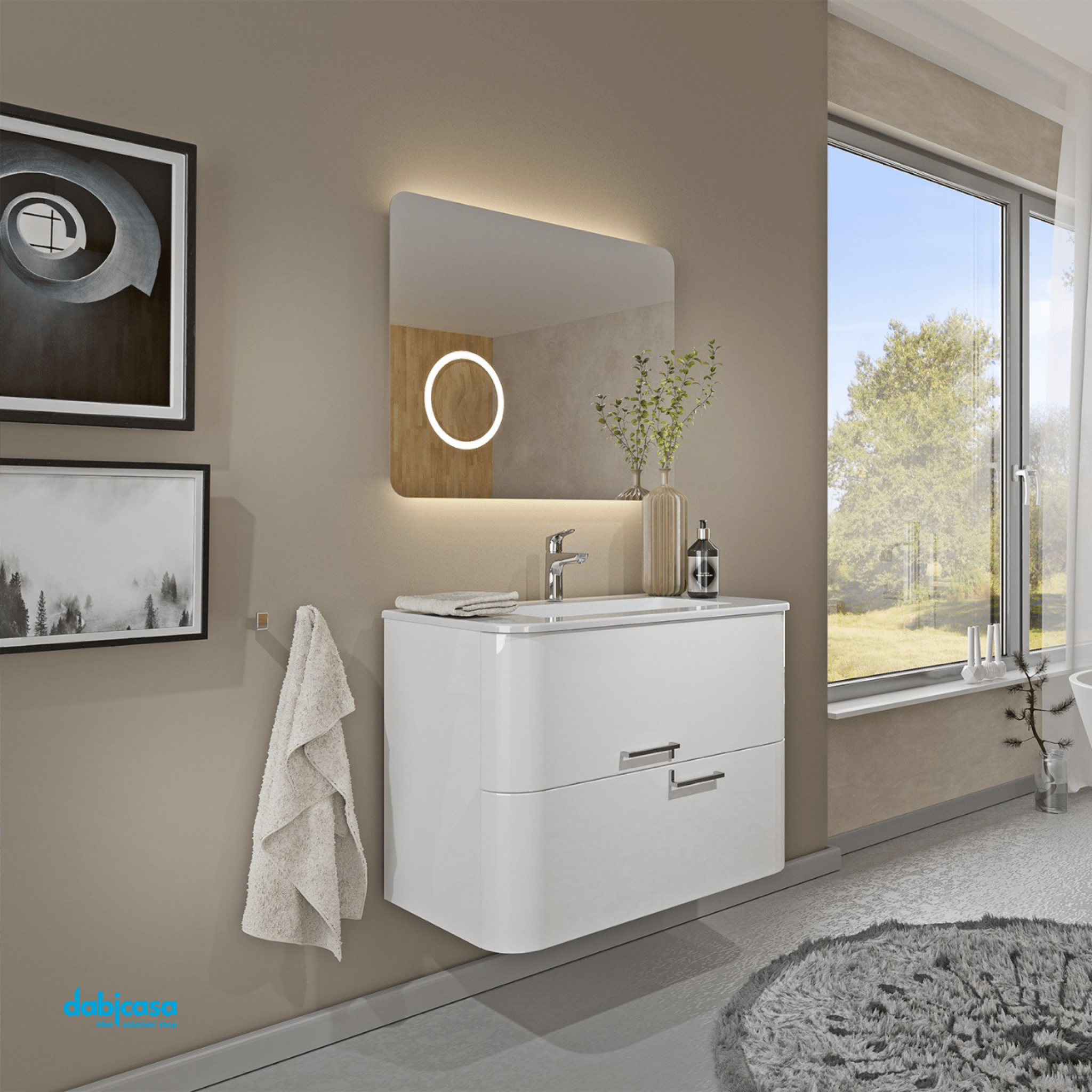 Mobile Bagno Sospeso "Geos" Da 80 Cm Composto Da Due Cassetti Lavabo E Specchio Finitura Bianco Lucido - Dabicasa