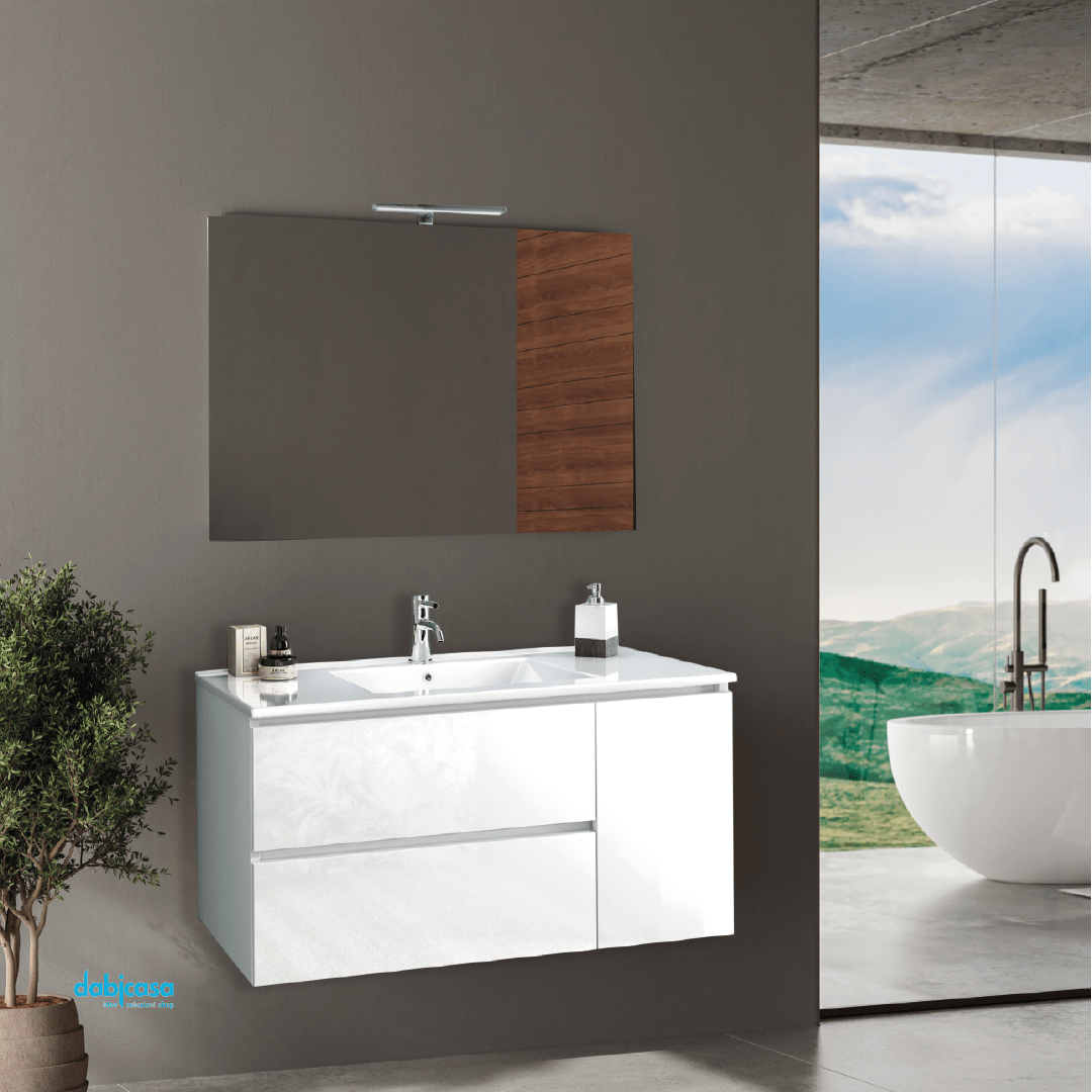 Mobile Bagno Sospeso "Giovy" Da 100 Cm Composto Da Due Cassetti Ed Un'Anta Lavabo E Specchio Con Lampada Led - Dabicasa