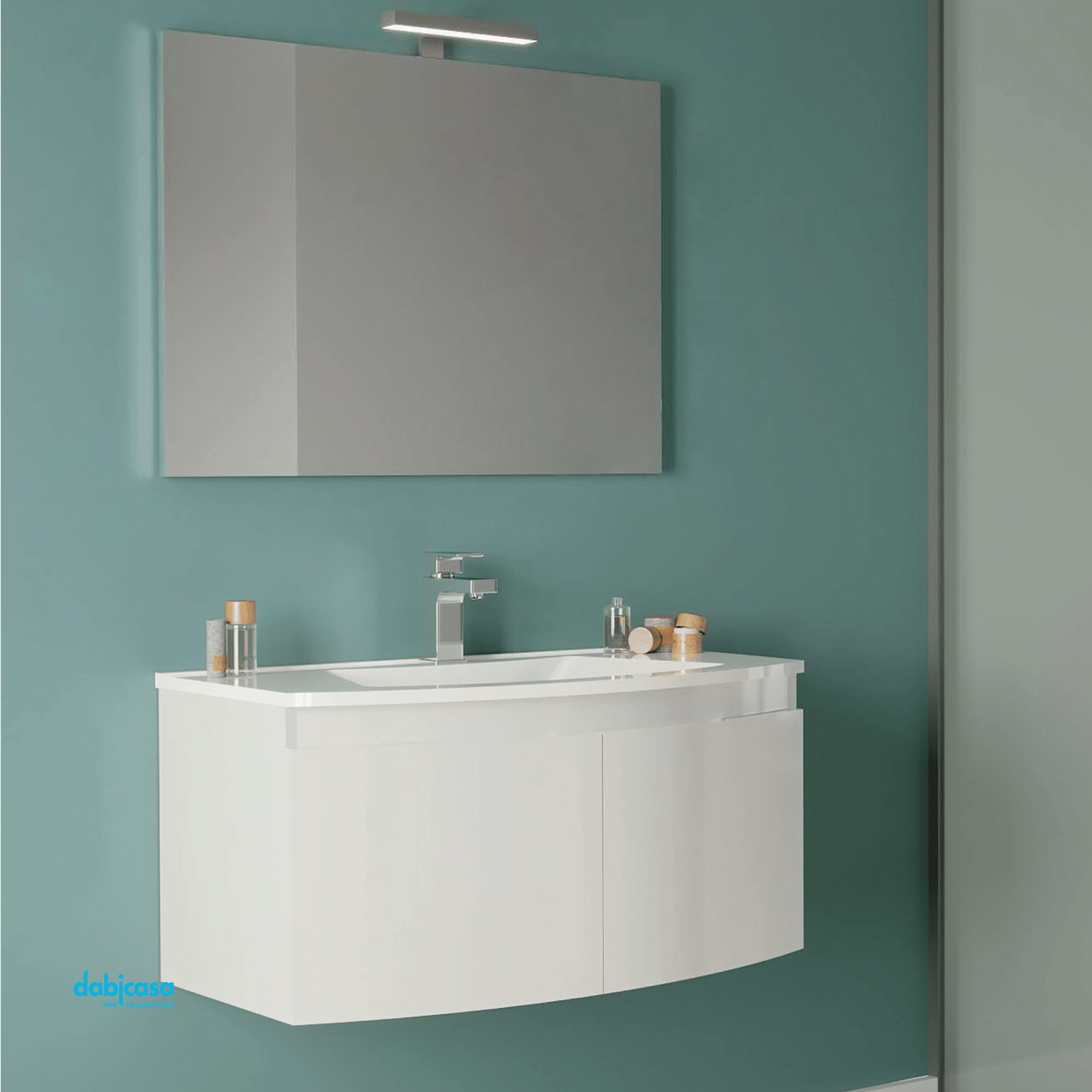 Mobile Bagno Sospeso "Giulia" Da 80 Cm Composto Da Due Ante Lavabo E Specchio Con Lampada Led Finitura Bianco Lucido - Dabicasa