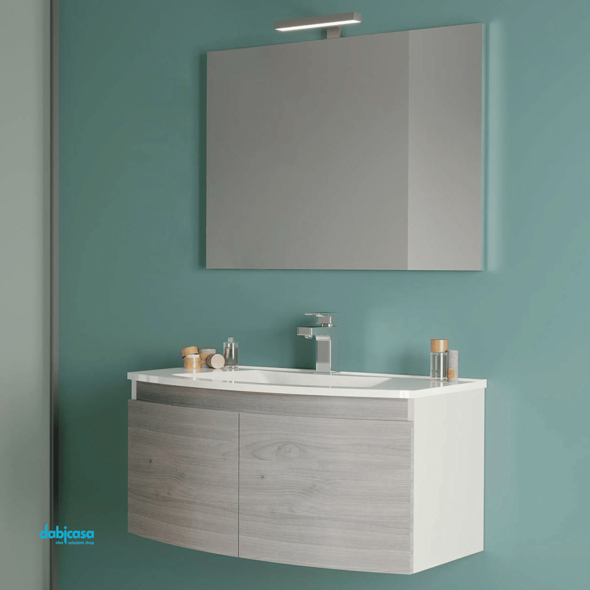 Mobile Bagno Sospeso "Giulia" Da 80 Cm Composto Da Due Ante Lavabo E Specchio Con Lampada Led Finitura Bianco Lucido/Legno Nordico - Dabicasa