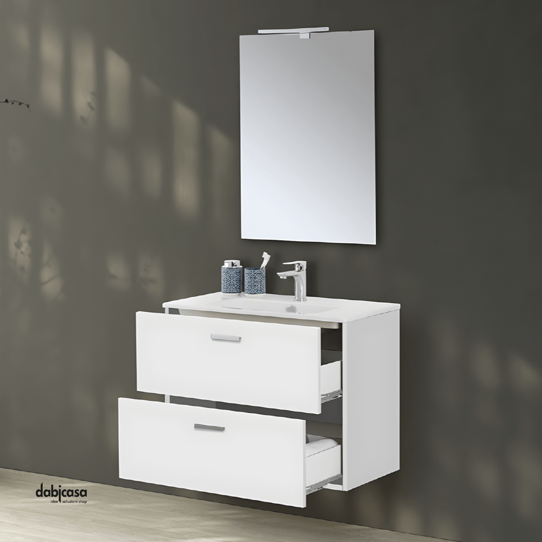 Mobile Bagno Sospeso "Greta" Da 80 Cm Composto Da Due Cassetti Lavabo E Specchio Con Lampada Led Finitura Bianco Lucido - Dabicasa