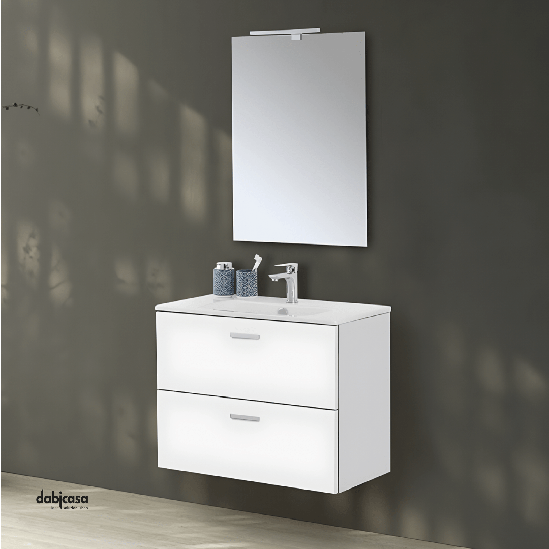 Mobile Bagno Sospeso "Greta" Da 80 Cm Composto Da Due Cassetti Lavabo E Specchio Con Lampada Led Finitura Bianco Lucido - Dabicasa