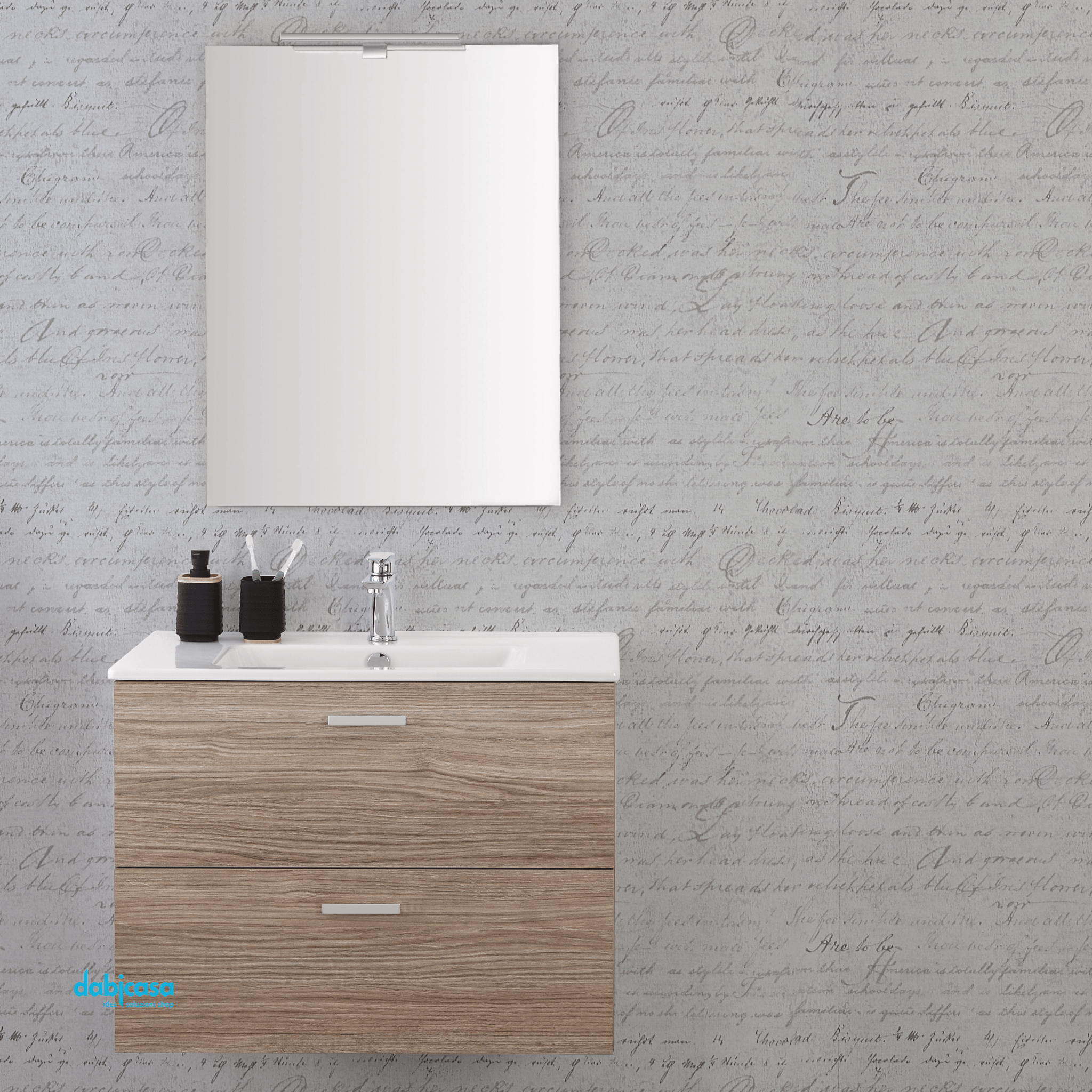 Mobile Bagno Sospeso "Greta" Da 80 Cm Composto Da Due Cassetti Lavabo E Specchio Con Lampada Led Finitura Rovere Tropea - Dabicasa