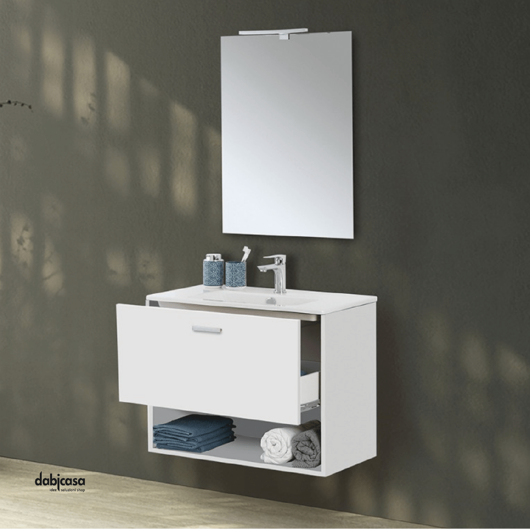 Mobile Bagno Sospeso "Greta" Da 80 Cm Composto Da Un Cassetto Ed Un Vano A Giorno Lavabo E Specchio Con Lampada Led Finitura Bianco Lucido - Dabicasa