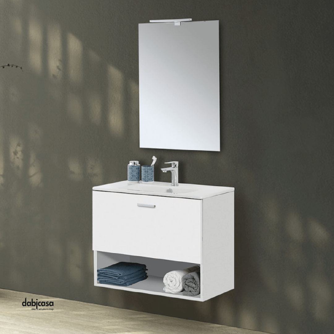 Mobile Bagno Sospeso "Greta" Da 80 Cm Composto Da Un Cassetto Ed Un Vano A Giorno Lavabo E Specchio Con Lampada Led Finitura Bianco Lucido - Dabicasa