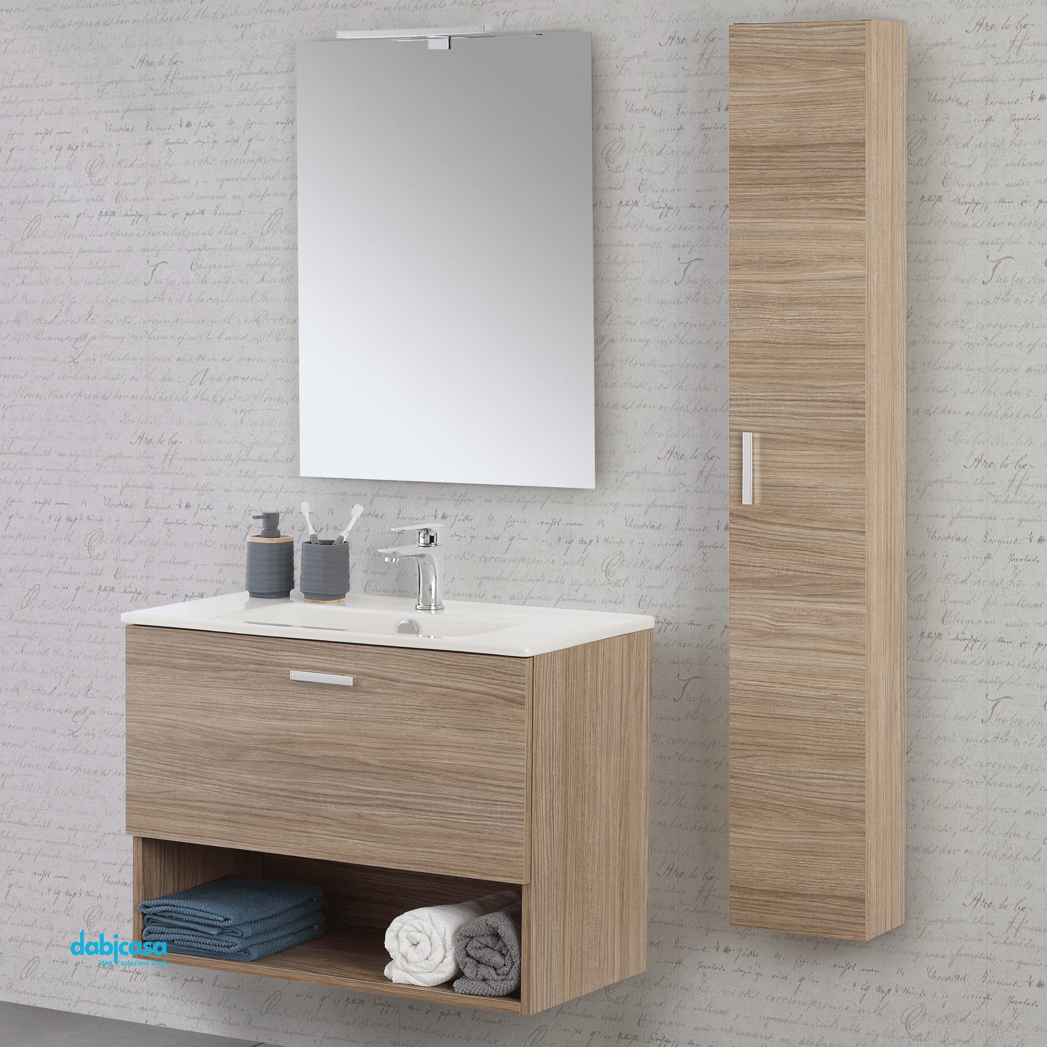 Mobile Bagno Sospeso "Greta" Da 80 Cm Composto Da Un Cassetto Ed Un Vano A Giorno Lavabo E Specchio Con Lampada Led Finitura Rovere Tropea - Dabicasa