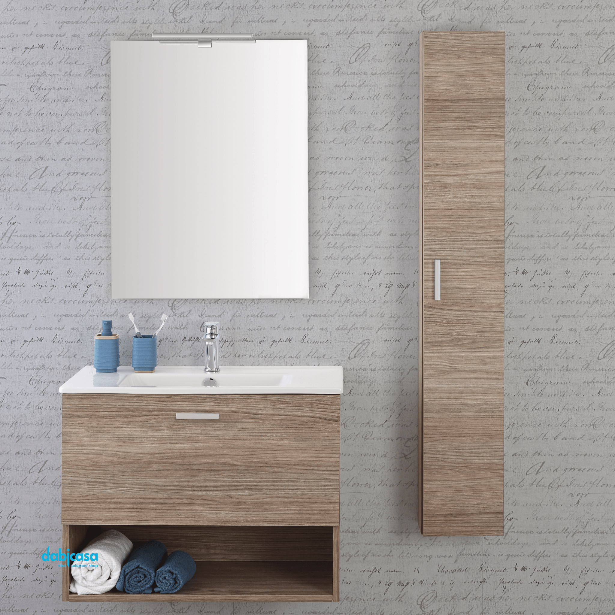 Mobile Bagno Sospeso "Greta" Da 80 Cm Composto Da Un Cassetto Ed Un Vano A Giorno Lavabo E Specchio Con Lampada Led Finitura Rovere Tropea - Dabicasa