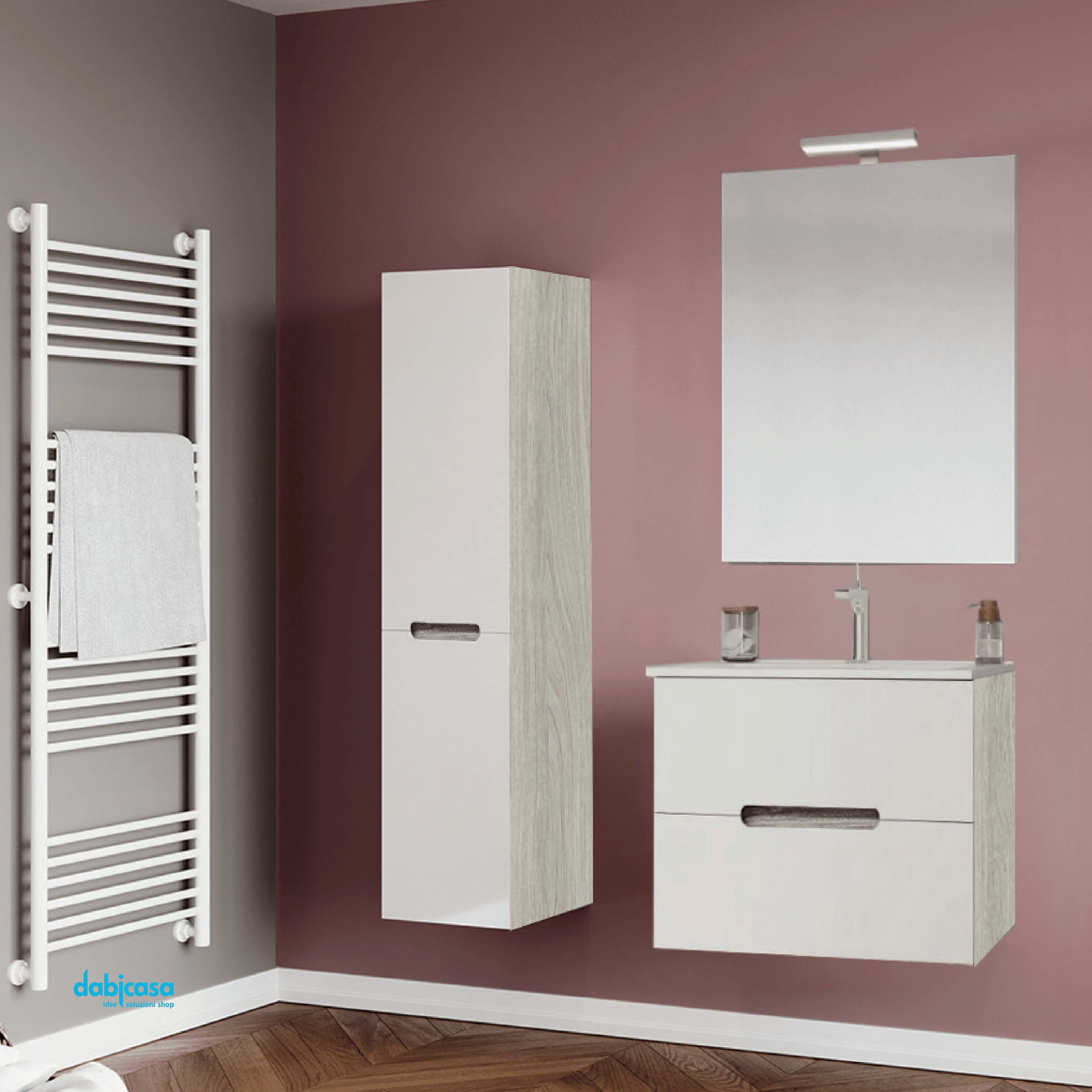 Mobile Bagno Sospeso "Iris" Da 60 Cm Base C/Due Cassetti Finitura Rovere Grigio/Bianco Opaco - Dabicasa