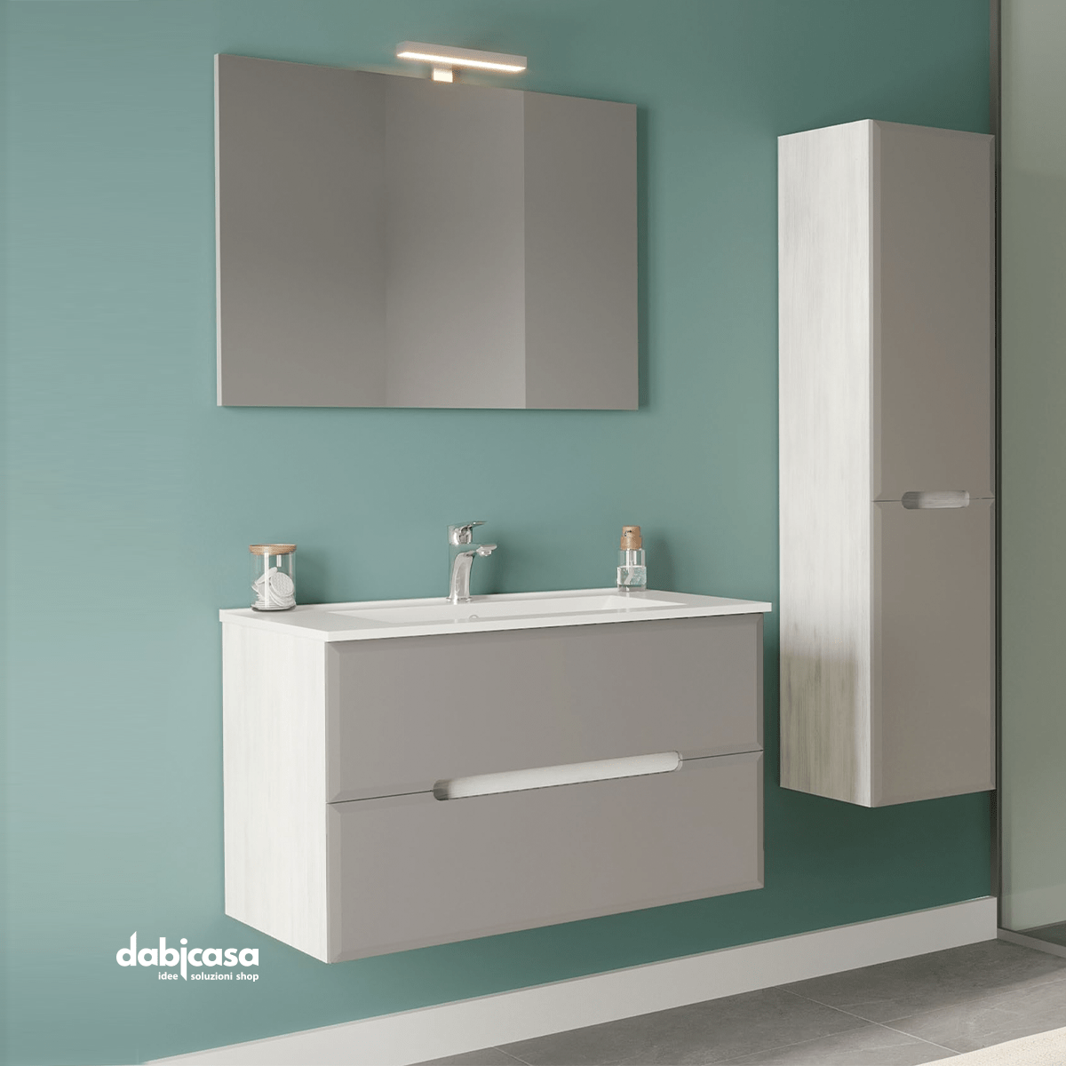 Mobile Bagno Sospeso "Iris" Da 80 Cm Composto Da Due Cassetti Lavabo E Specchio Con Lampada Led Finitura Rovere Bianco/Tortora Chiaro Opaco - Dabicasa