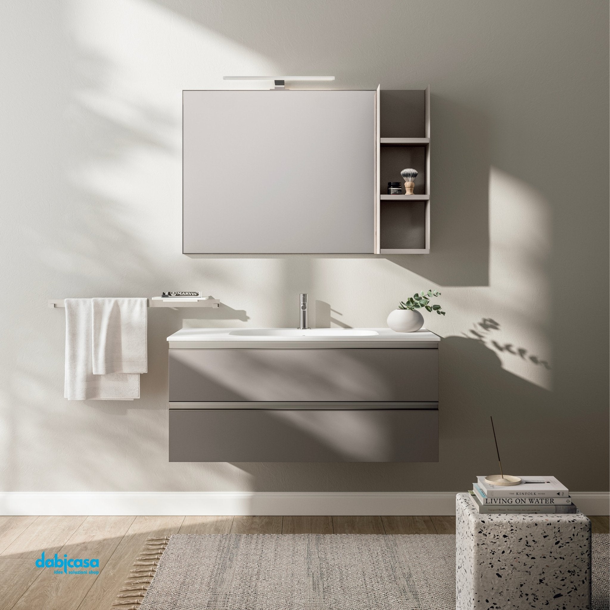 Mobile Bagno Sospeso "KA01" Da 100 Cm Composto Da Due Cassetti Lavabo E Specchio Con Pensile e Lampada Led Finitura Camoscio/Nickel - Dabicasa