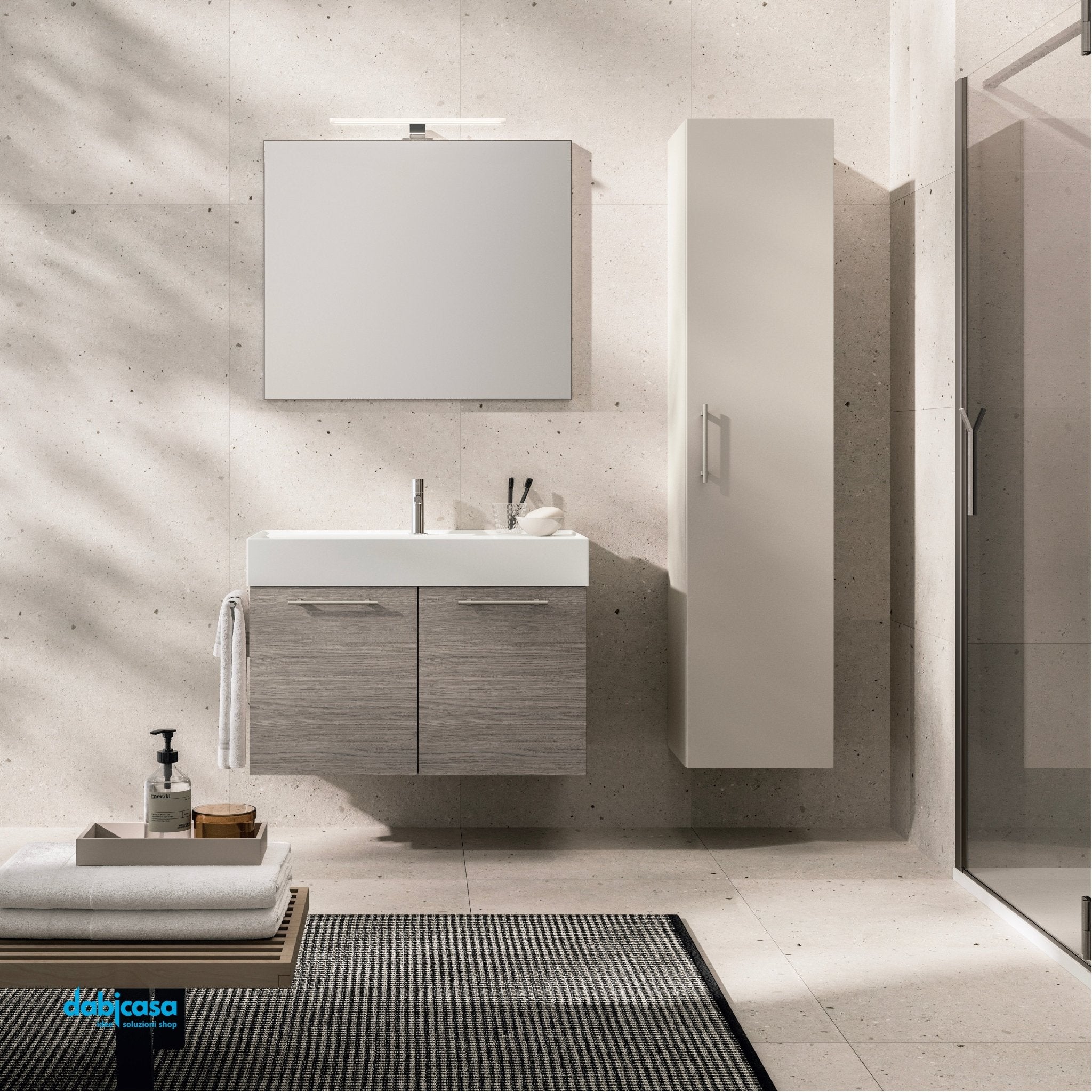 Mobile Bagno Sospeso "KA02" Da 80 Cm Composto Da Due Ante Lavabo E Specchio Con Lampada Led Finitura Rovere Chiostro/Biscotto - Dabicasa