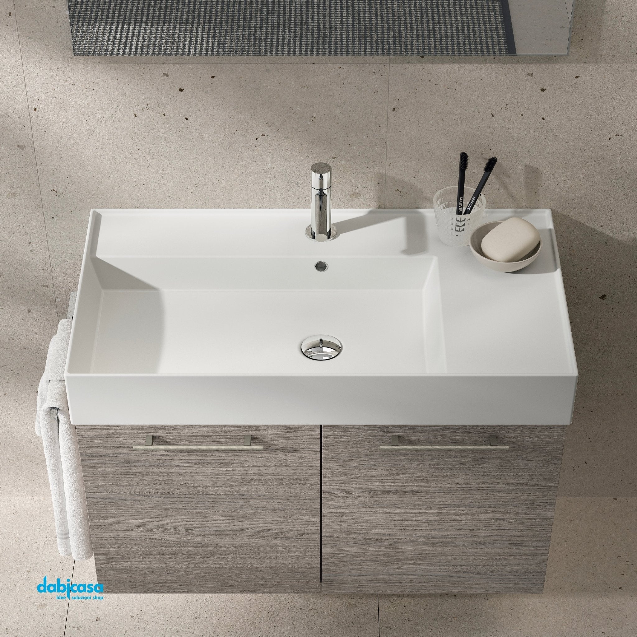 Mobile Bagno Sospeso "KA02" Da 80 Cm Composto Da Due Ante Lavabo E Specchio Con Lampada Led Finitura Rovere Chiostro/Biscotto - Dabicasa