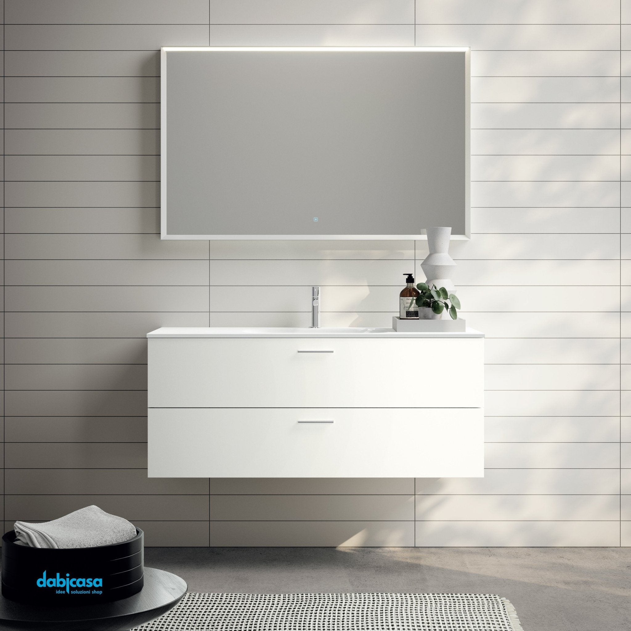 Mobile Bagno Sospeso "KA04" Da 120 Cm Composto Da Due Cassetti Lavabo E Specchio Finitura Fiocco - Dabicasa