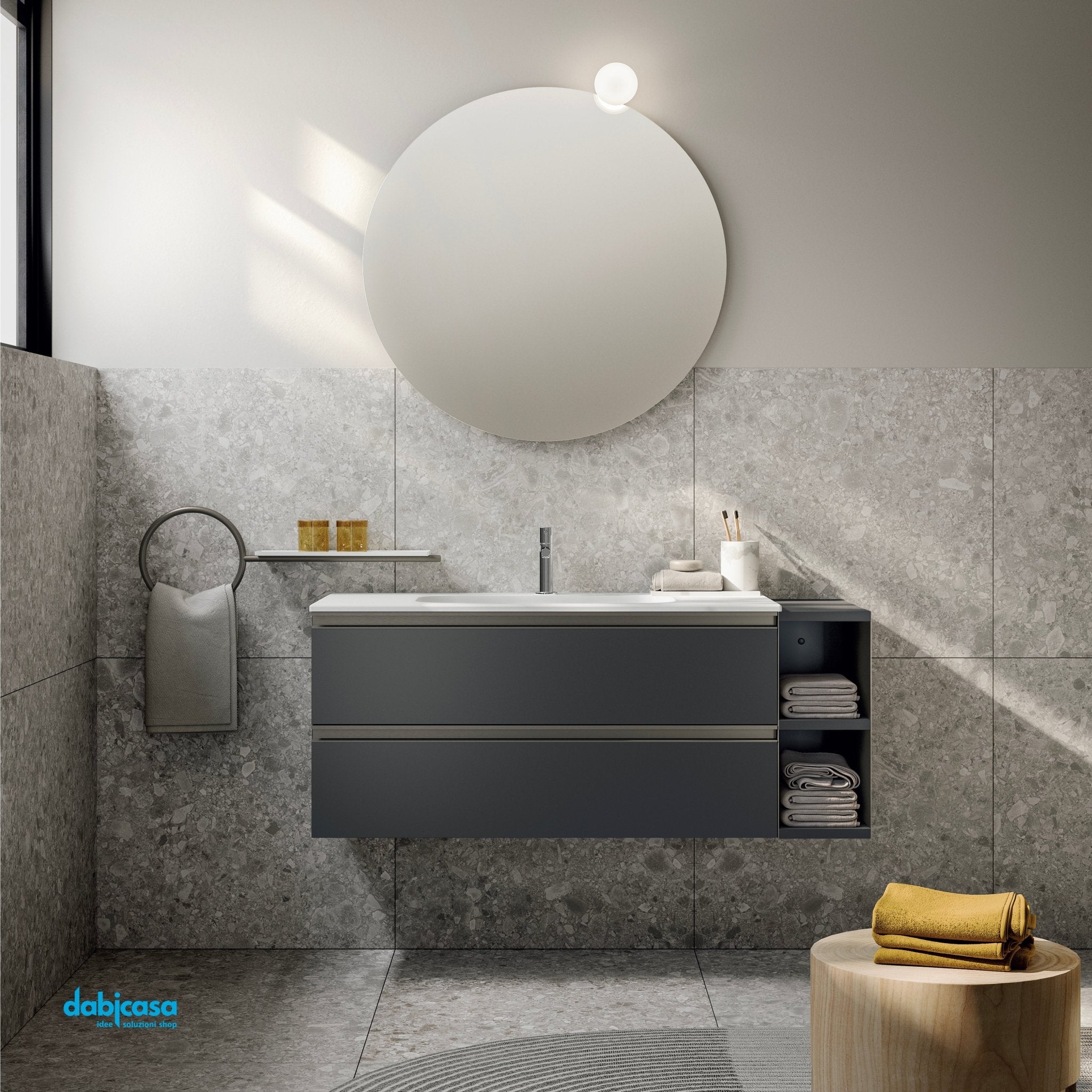 Mobile Bagno Sospeso "KA05" Da 100 Cm Composto Da Due Cassetti C/Vano a Giorno Lavabo E Specchio Con Lampada Led Finitura Ardesia - Dabicasa