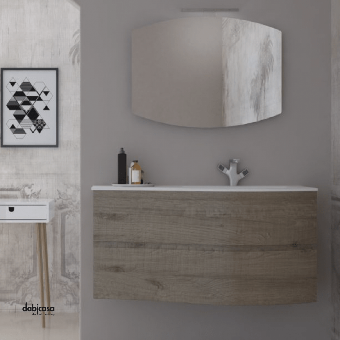 Mobile Bagno Sospeso "Light Dx" Da 105 Cm Base a Due Cassetti Lavabo In Resina Specchio Sagomato C/Led - Dabicasa