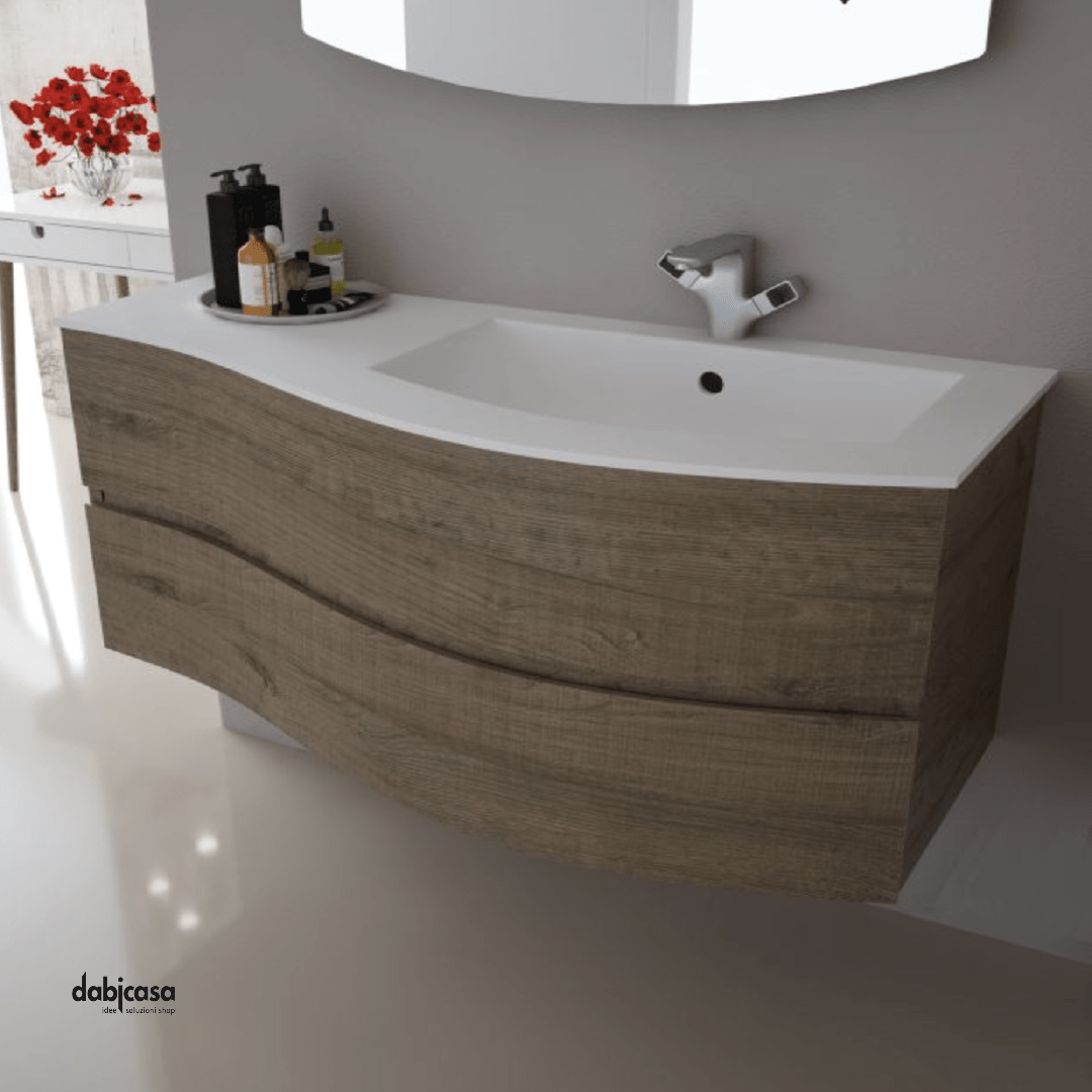 Mobile Bagno Sospeso "Light Dx" Da 105 Cm Base a Due Cassetti Lavabo In Resina Specchio Sagomato C/Led - Dabicasa