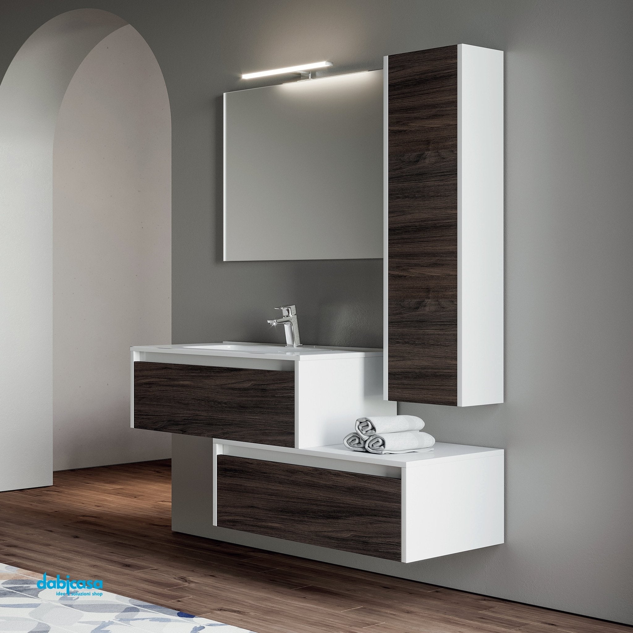 Mobile Bagno Sospeso "Luna 2" Da 80 Cm Composto Da Due Cassetti Sfalsati Lavabo E Specchio Con Lampada Led - Dabicasa