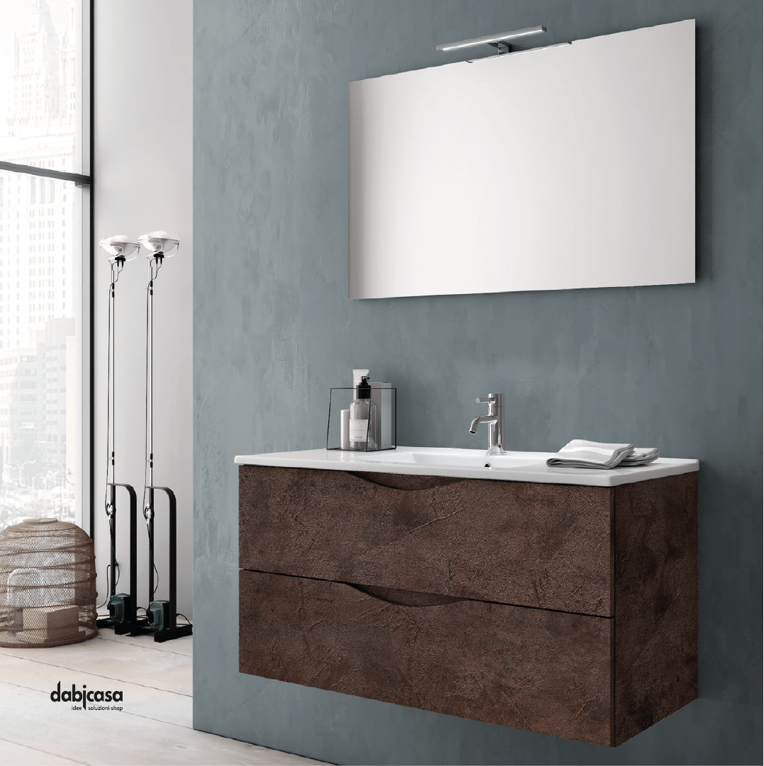 Mobile Bagno Sospeso "Martina" Da 100 Cm C/Base a Due Cassetti Lavabo In Ceramica Specchio C/Led - Dabicasa