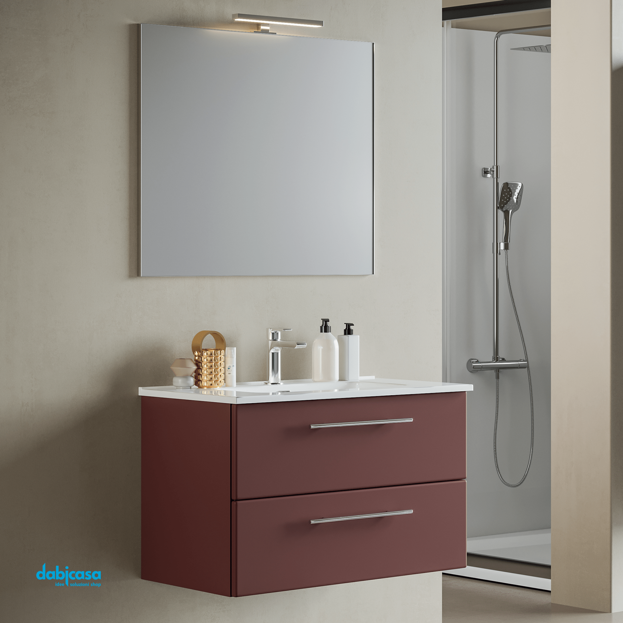 Mobile Bagno Sospeso "Maya 1" Da 80 Cm Composto Da Due Cassetti Lavabo E Specchio Con Lampada Led - Dabicasa