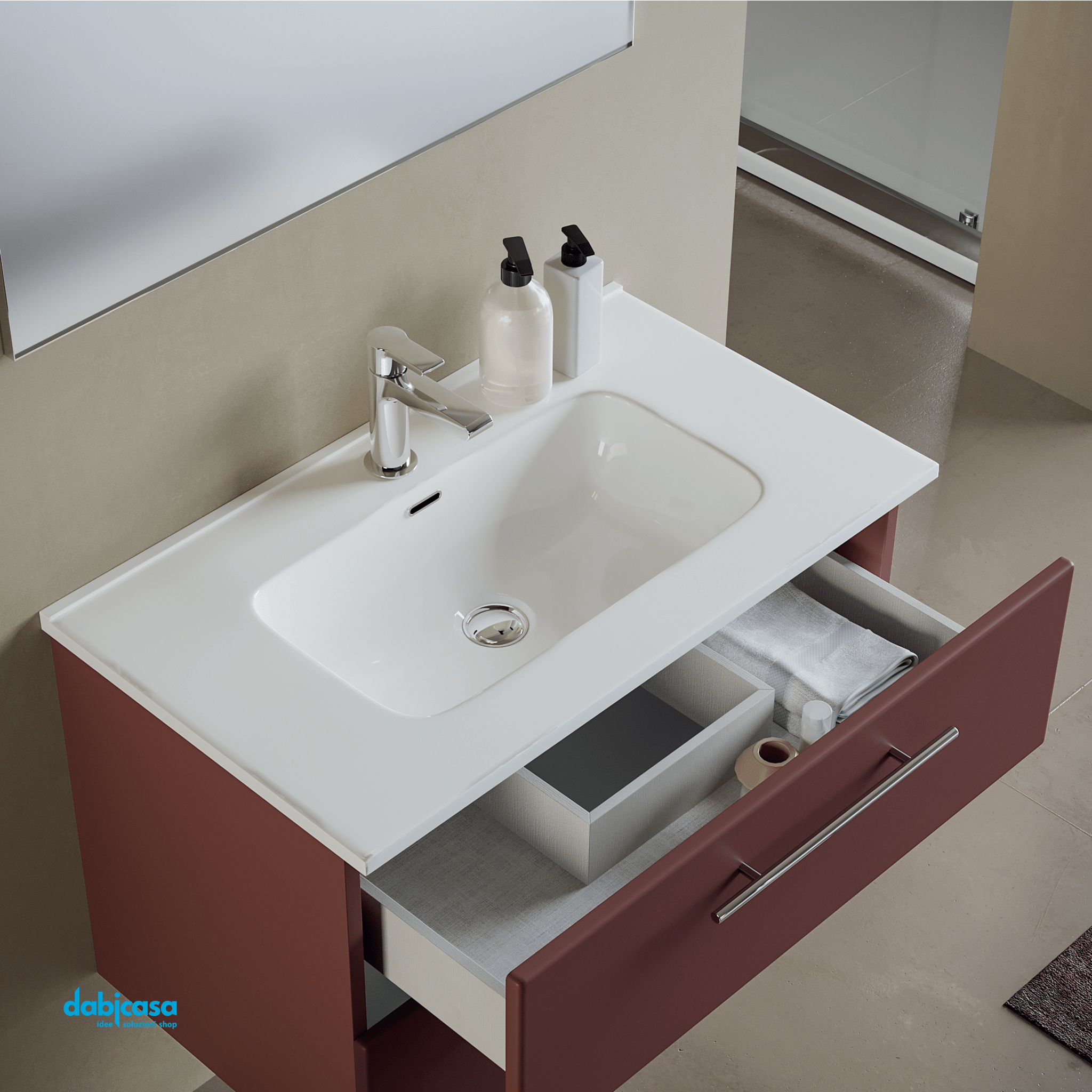 Mobile Bagno Sospeso "Maya 1" Da 80 Cm Composto Da Due Cassetti Lavabo E Specchio Con Lampada Led - Dabicasa