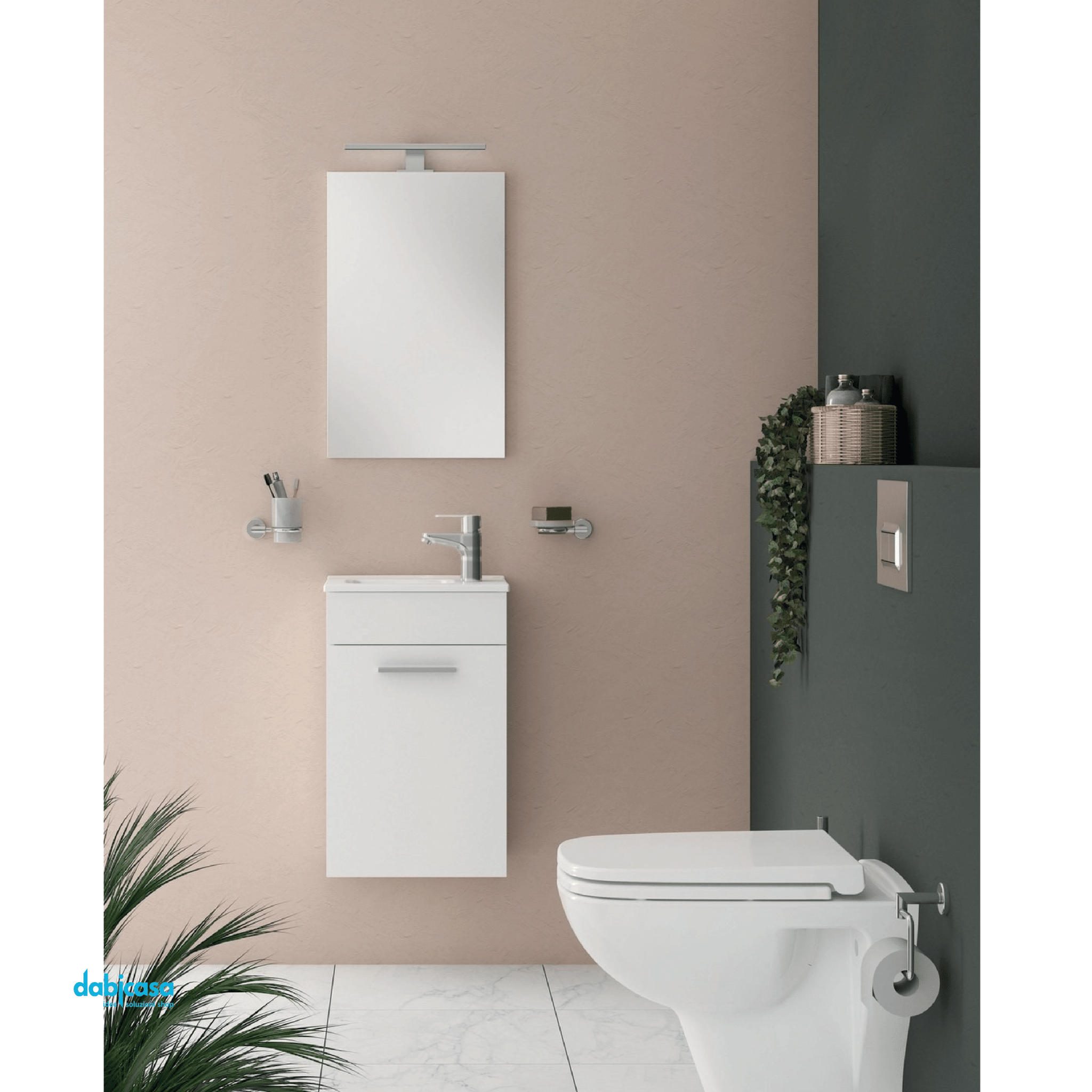 Mobile Bagno Sospeso "Mia" Da 40 Cm Composto Da Un'Anta Lavabo E Specchio Con Lampada Led Finitura Bianco Lucido - Dabicasa