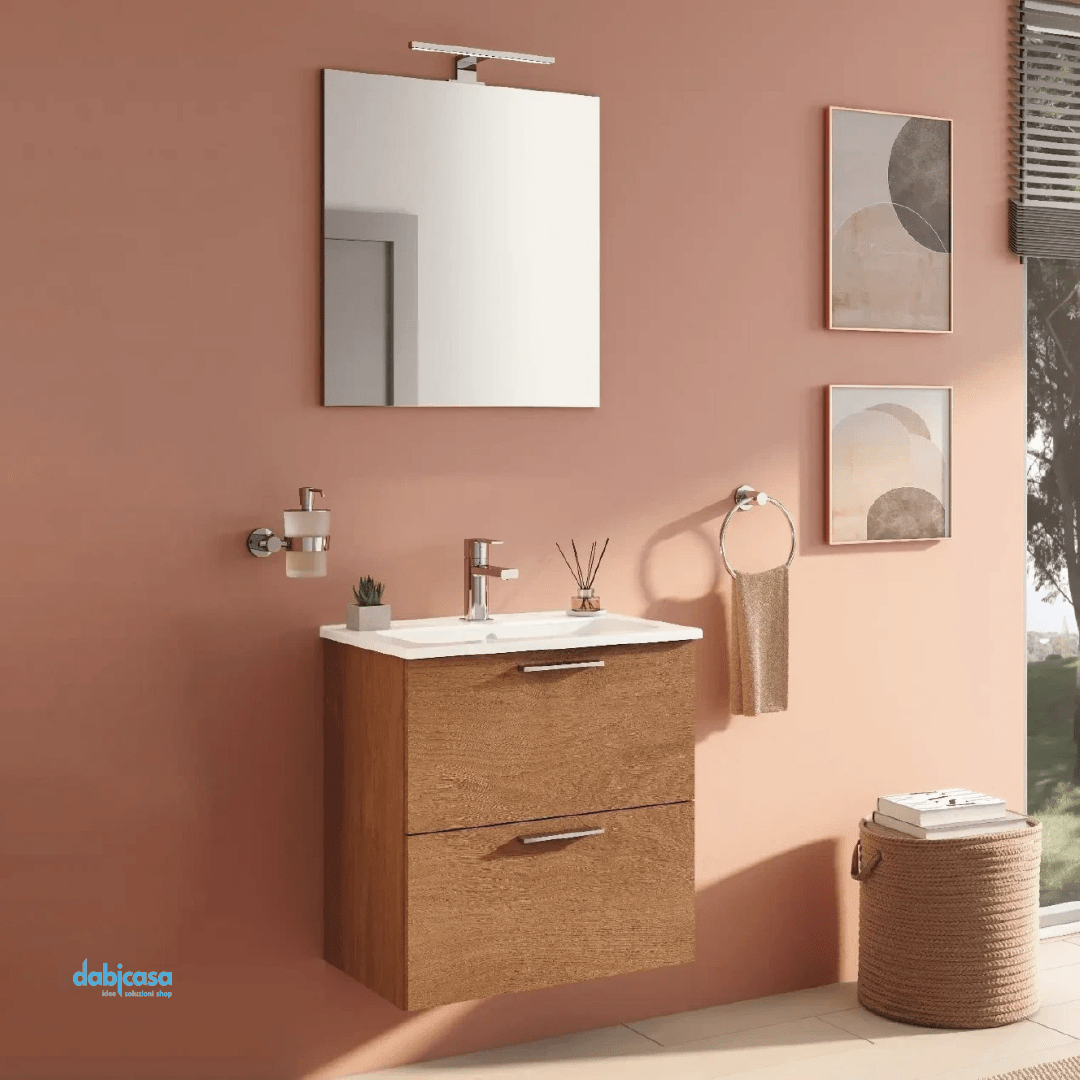 Mobile Bagno Sospeso "Mia" da 60 Cm Composto Da Due Cassetti Lavabo E Specchio Con Lampada Led - Dabicasa