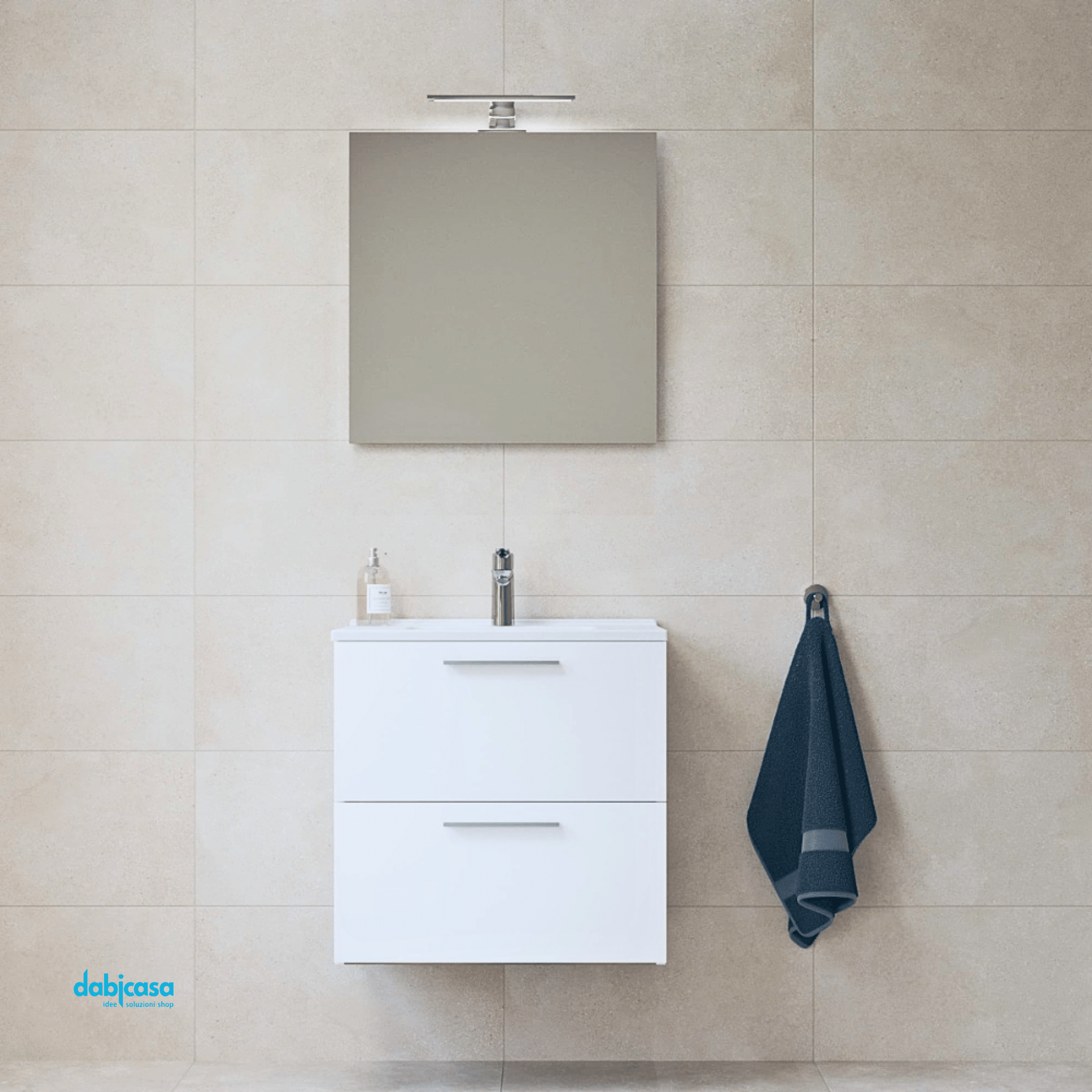 Mobile Bagno Sospeso "Mia" da 60 Cm Composto Da Due Cassetti Lavabo E Specchio Con Lampada Led Finitura Bianco Lucido - Dabicasa