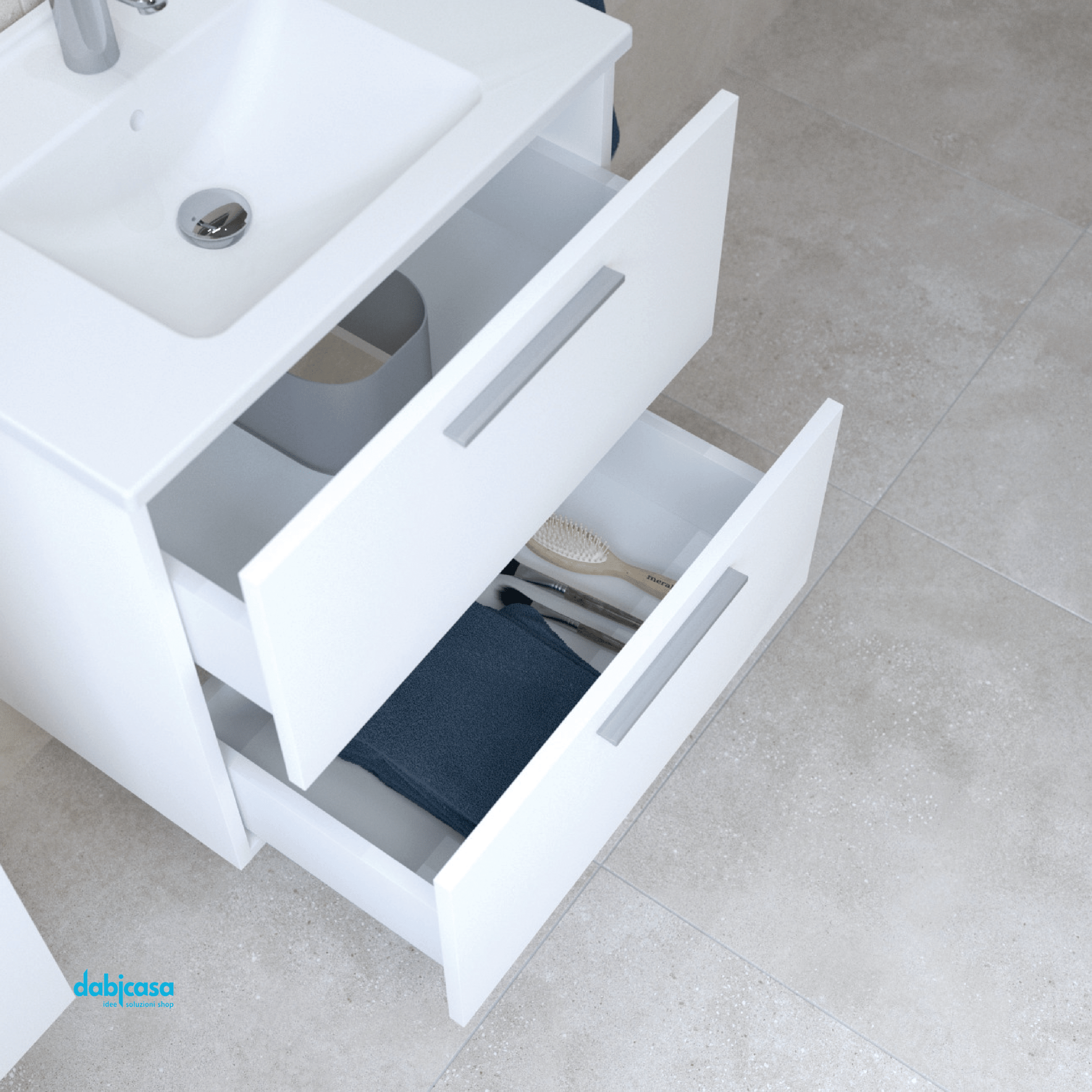 Mobile Bagno Sospeso "Mia" da 60 Cm Composto Da Due Cassetti Lavabo E Specchio Con Lampada Led Finitura Bianco Lucido - Dabicasa