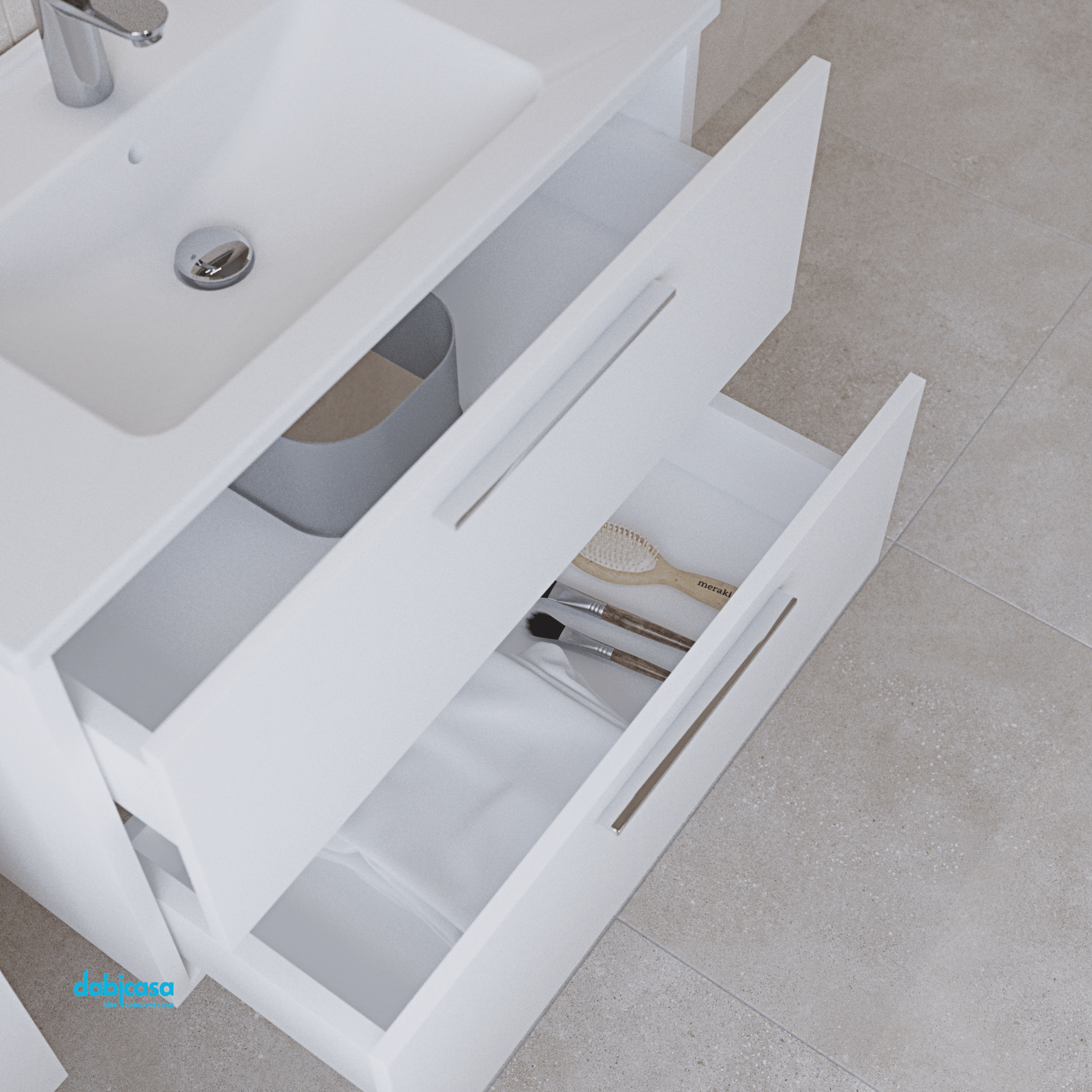 Mobile Bagno Sospeso "Mia" Da 80 Cm Composto Da Due Cassetti Lavabo E Specchio Con Lampada Led Finitura Bianco Lucido - Dabicasa