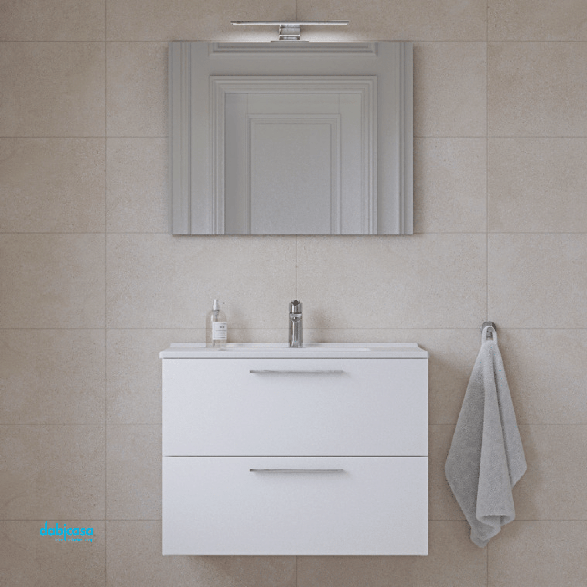 Mobile Bagno Sospeso "Mia" Da 80 Cm Composto Da Due Cassetti Lavabo E Specchio Con Lampada Led Finitura Bianco Lucido - Dabicasa