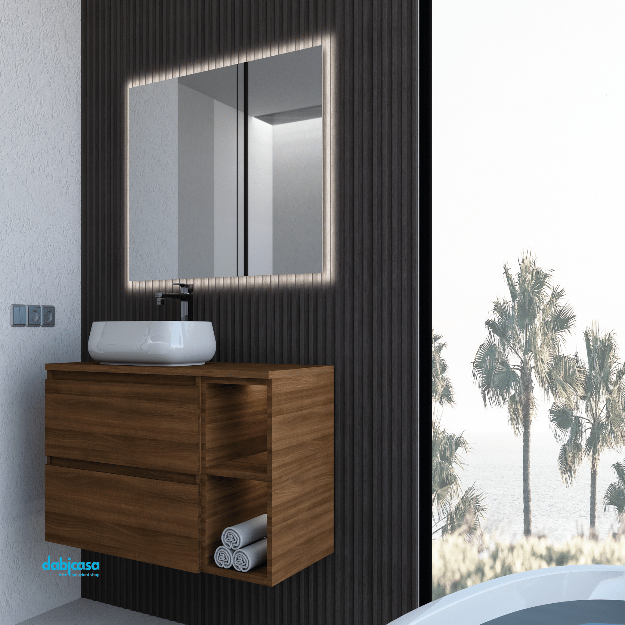 Mobile Bagno Sospeso "Minerva Piano" Da 120 Cm Composto Da Due Cassetti Ed Un Vano a Giorno Lavabo E Specchio - Dabicasa