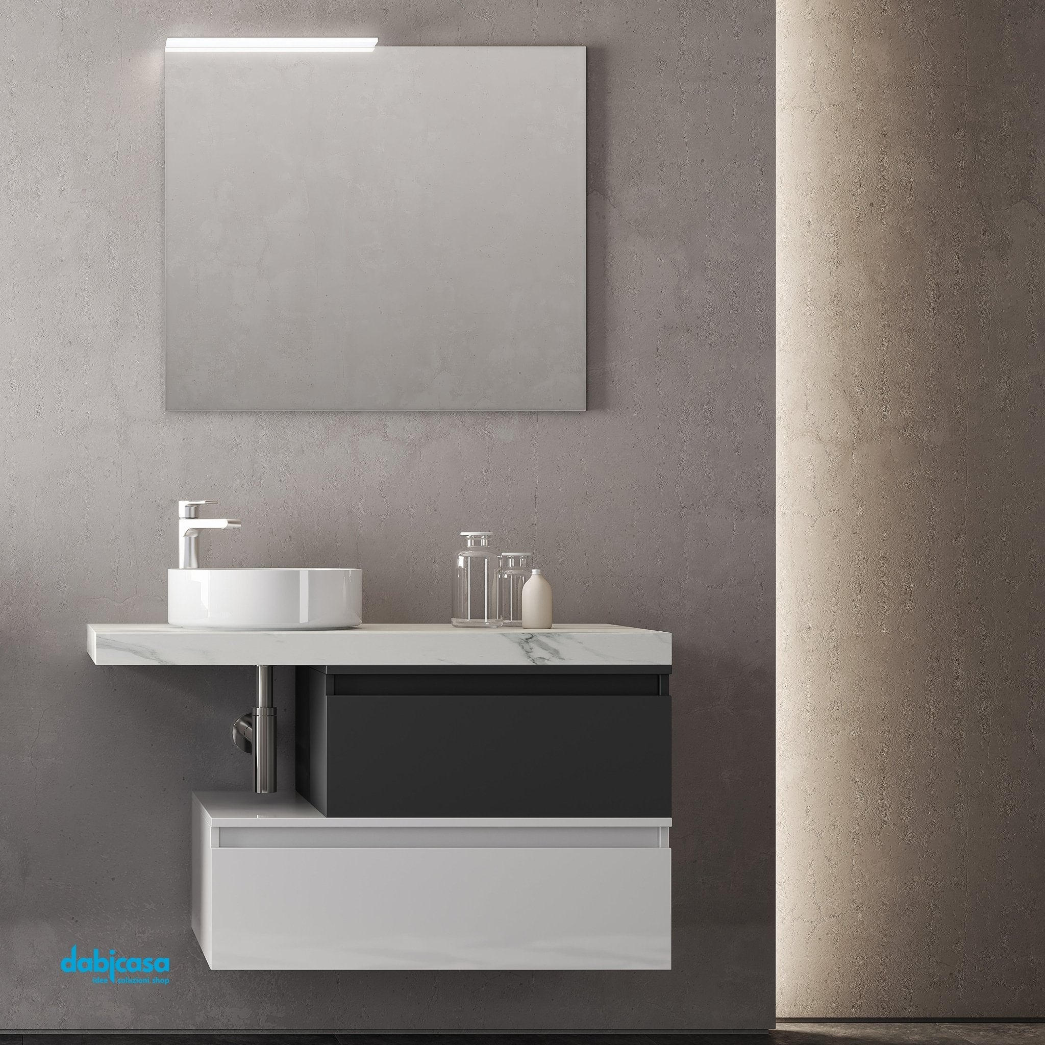 Mobile Bagno Sospeso "Ninfa" Da 100 Cm Composto Da Un Mensolone Top C/Due Base Cassetti Sfalsati Lavabo E Specchio Con Lampada Led - Dabicasa