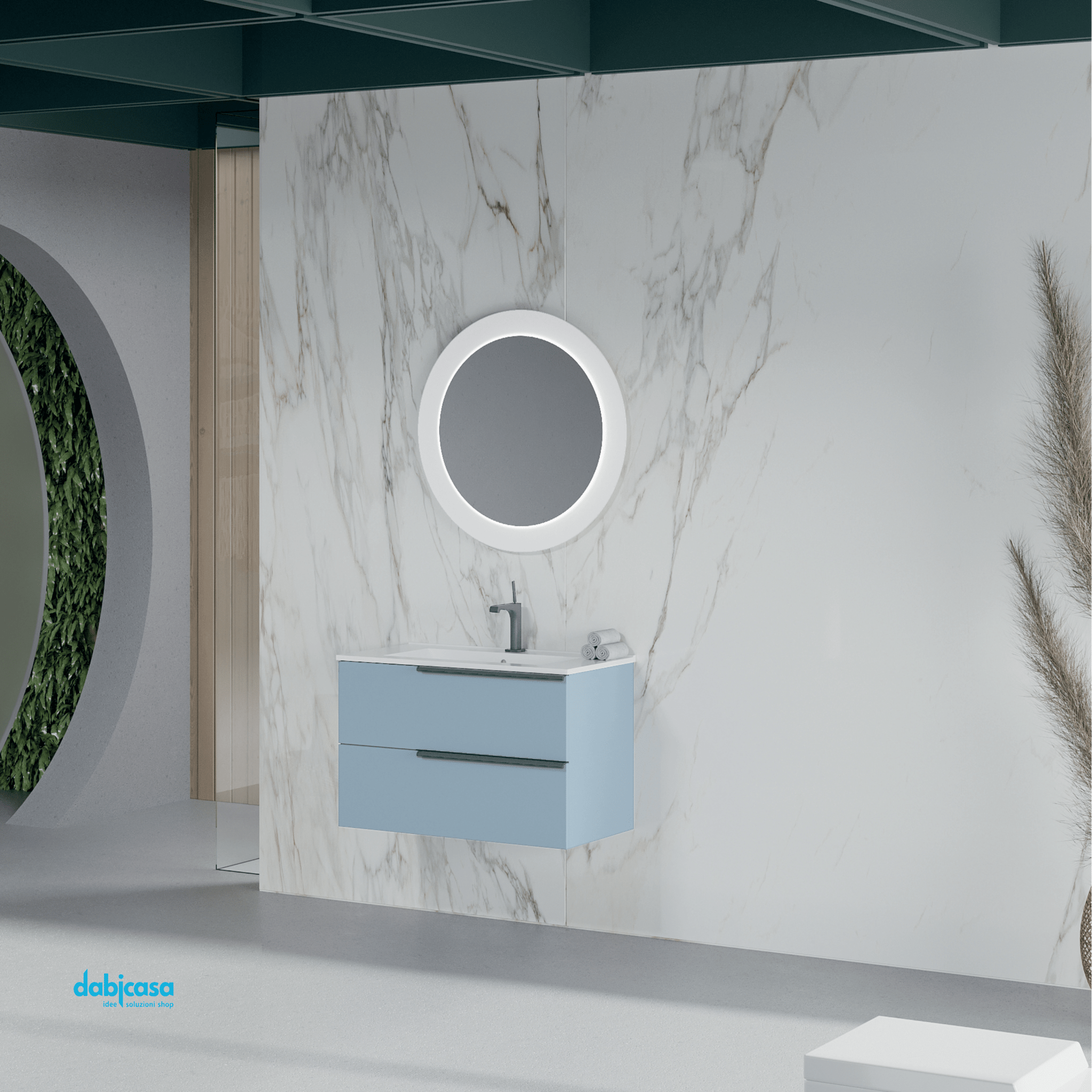 Mobile Bagno Sospeso "Oikos" Da 80 Cm Composto Da Due Cassetti Lavabo E Specchio Finitura Blu Pastello Opaco - Dabicasa